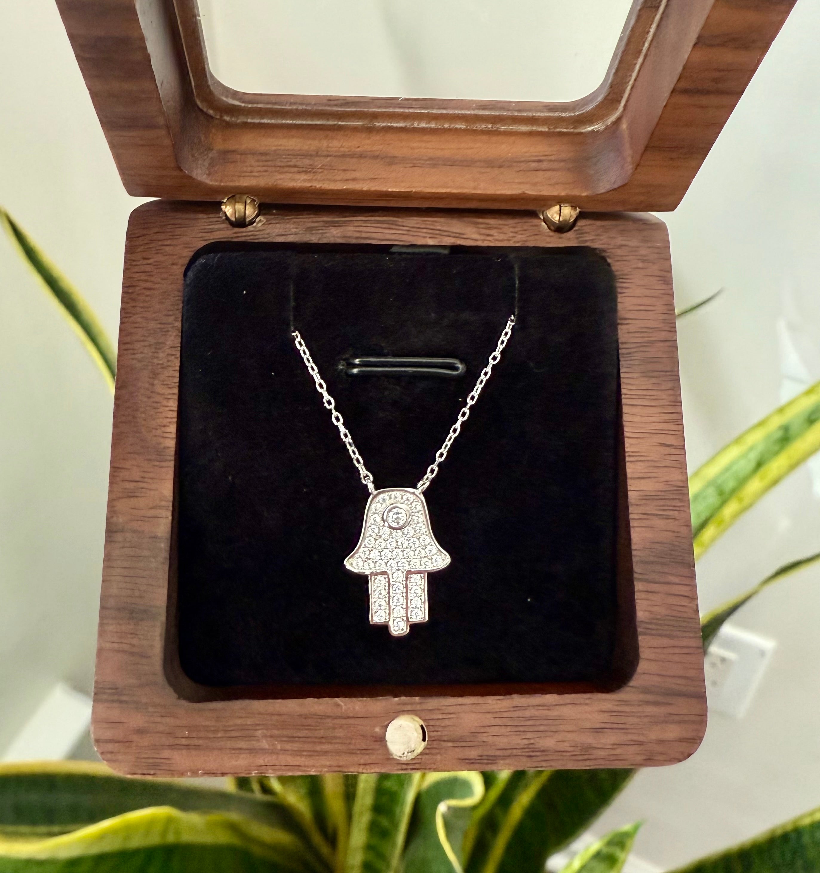 Diamond Studded Hamza Pendant with Chain on pure 925 Silver