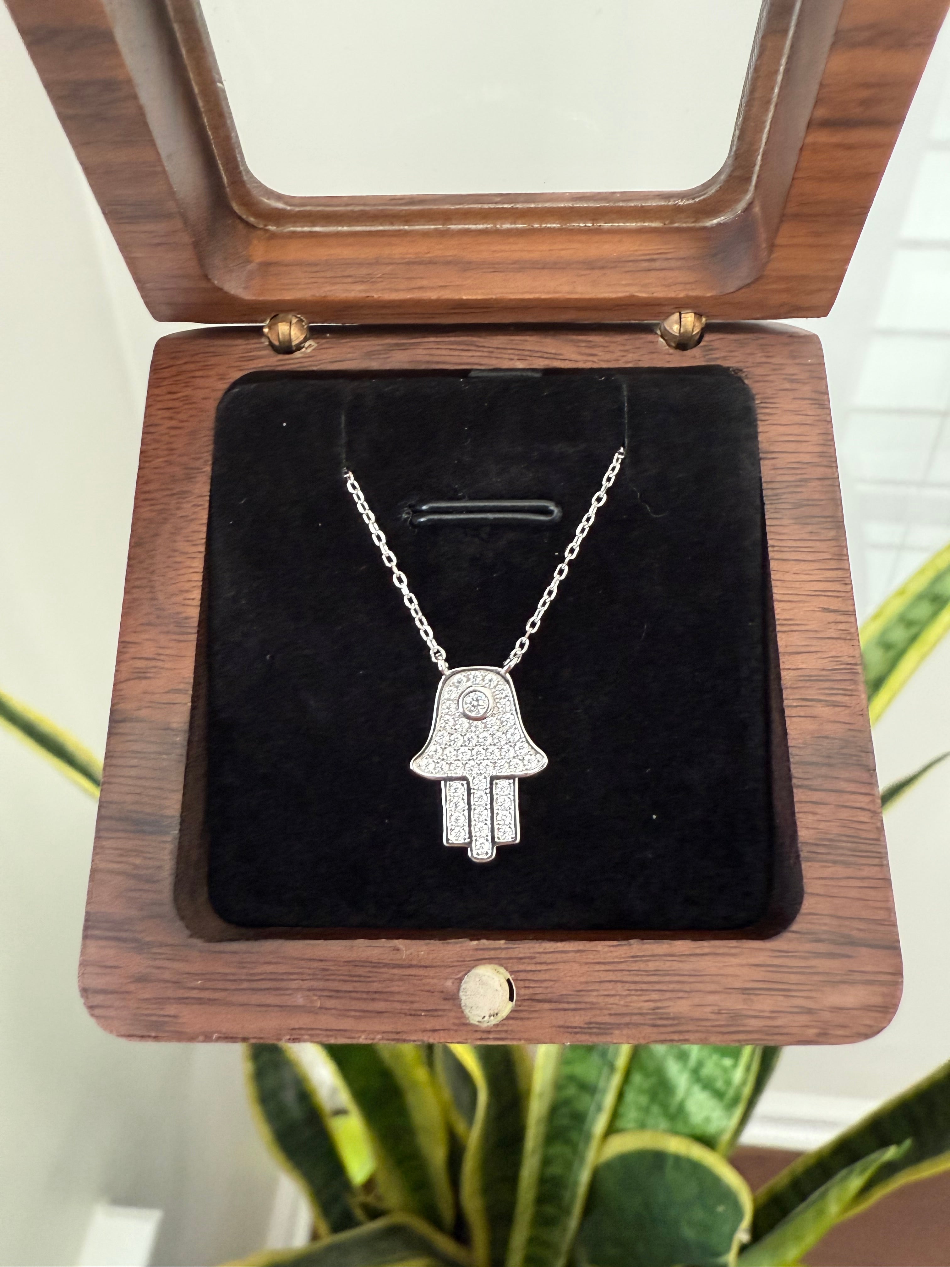 Diamond Studded Hamza Pendant with Chain on pure 925 Silver