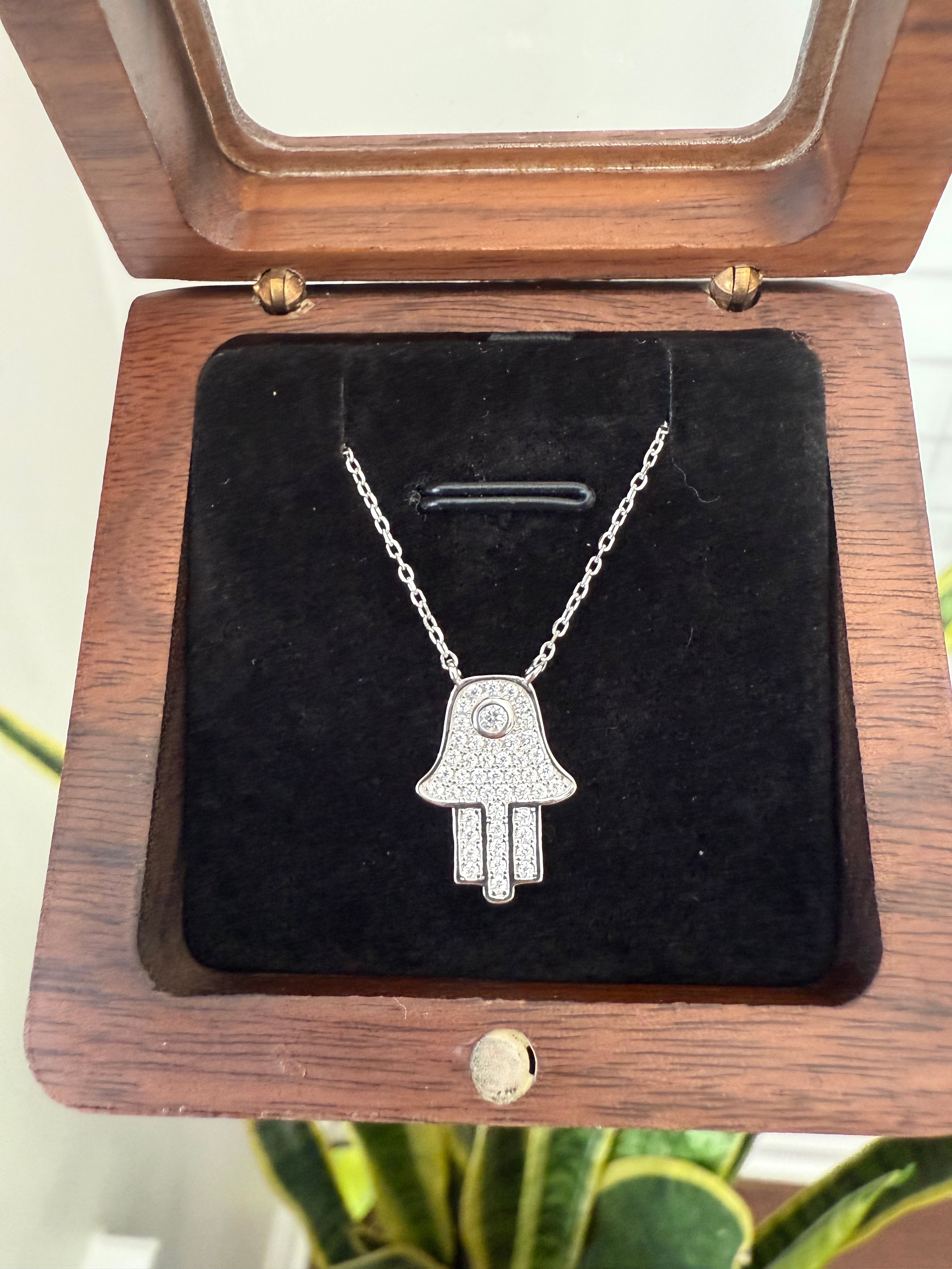 Diamond Studded Hamza Pendant with Chain on pure 925 Silver