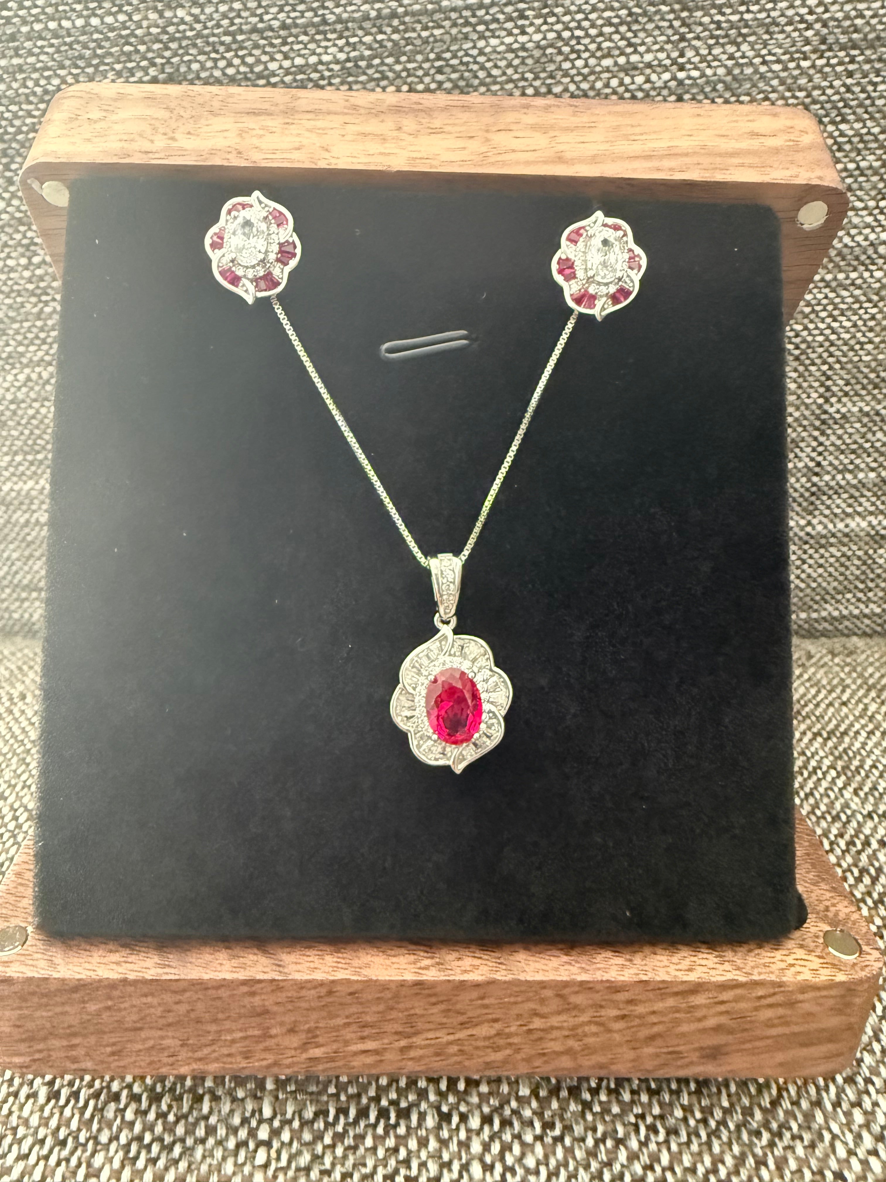 Pure 925 Silver Oval Diamond and Red Ruby Pendant Set