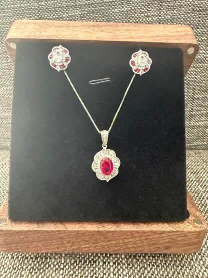 Pure 925 Silver Oval Diamond and Red Ruby Pendant Set