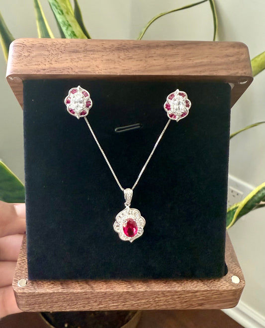Pure 925 Silver Oval Diamond and Red Ruby Pendant Set
