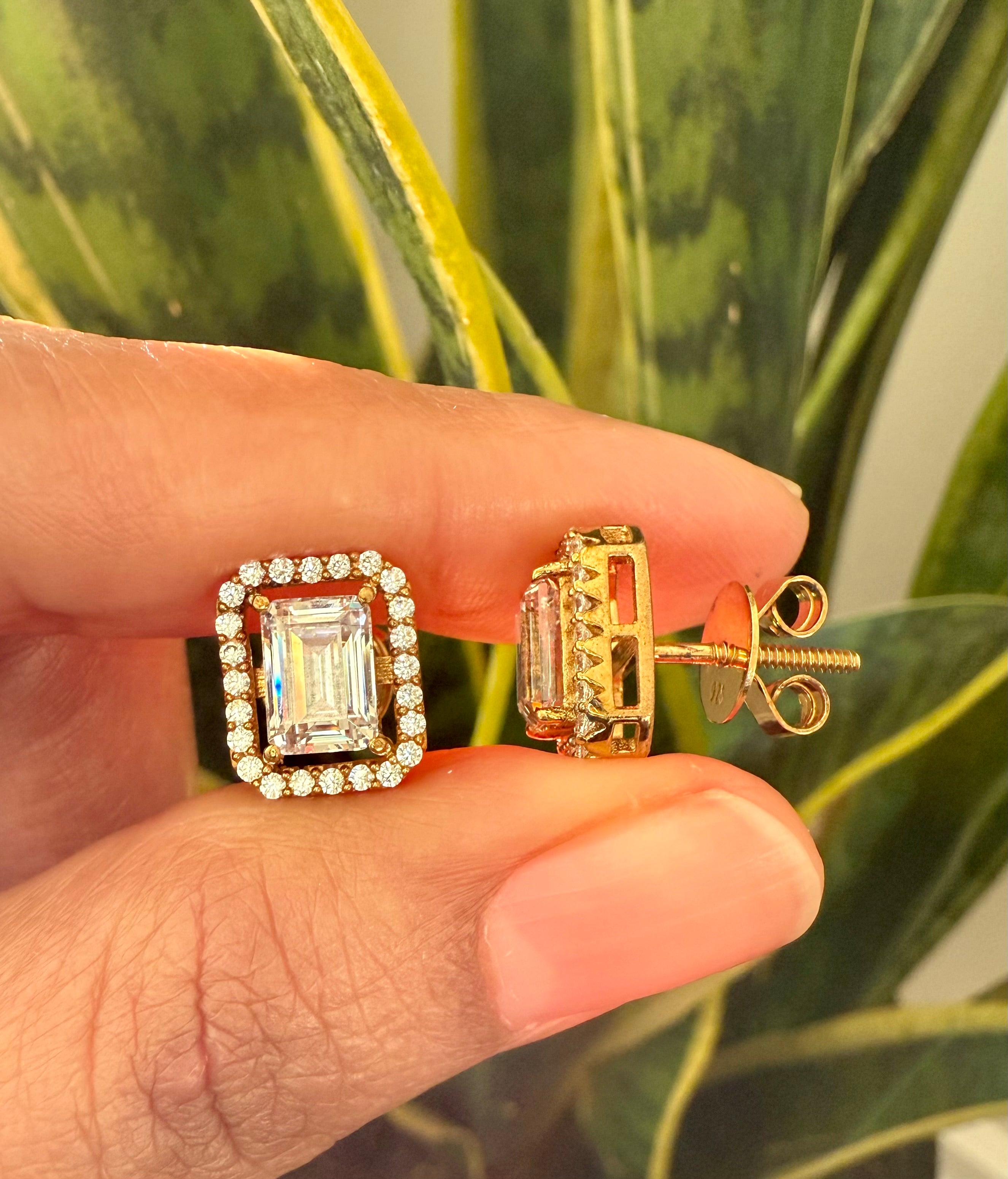 Premium Range 2 Carat Gold finish Emerald Cut TIA Solitaire Studs with Screw Backs on pure 925 Silver