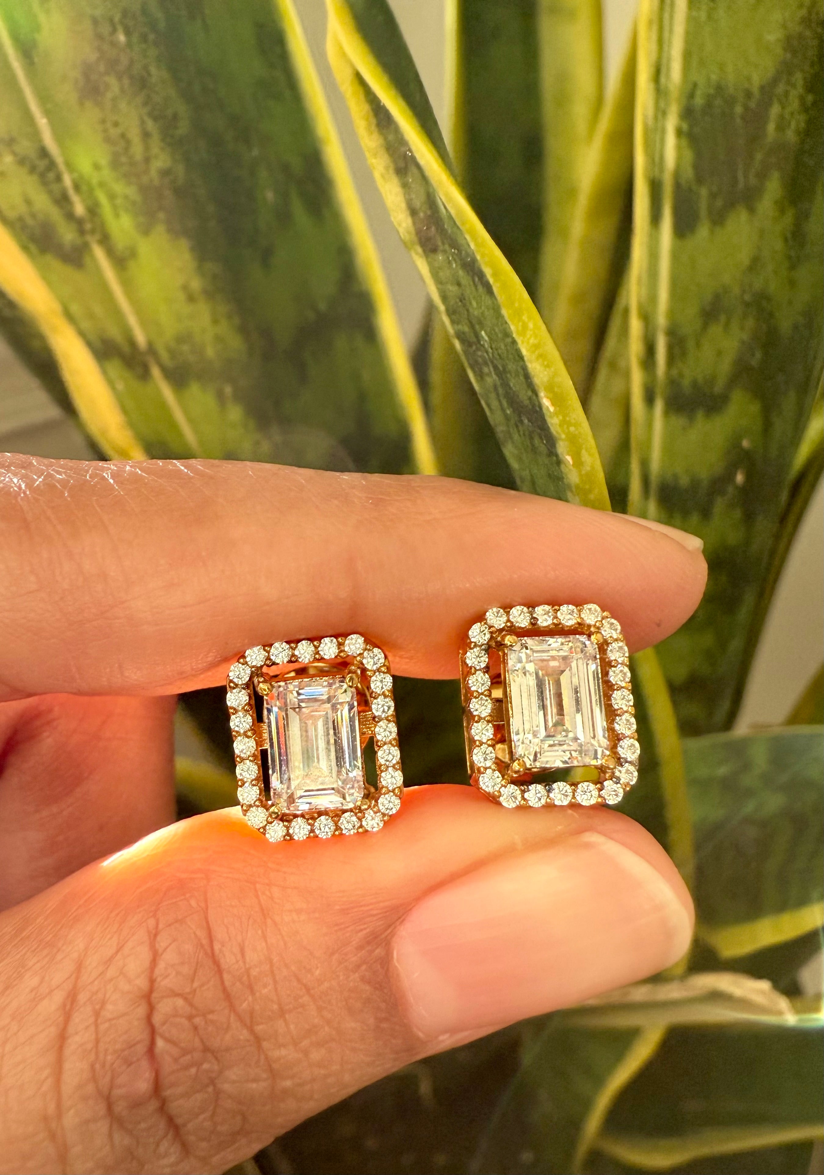 Premium Range 2 Carat Gold finish Emerald Cut TIA Solitaire Studs with Screw Backs on pure 925 Silver