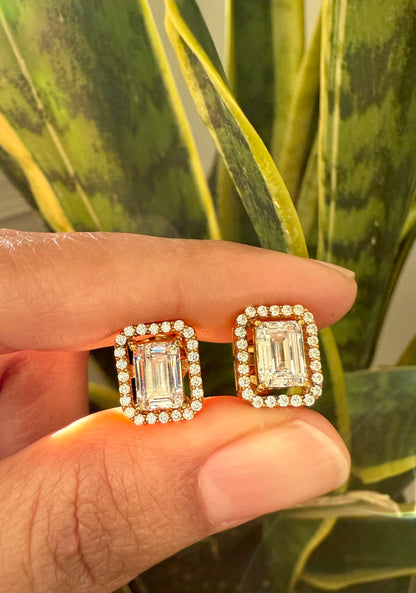 Premium Range 2 Carat Gold finish Emerald Cut TIA Solitaire Studs with Screw Backs