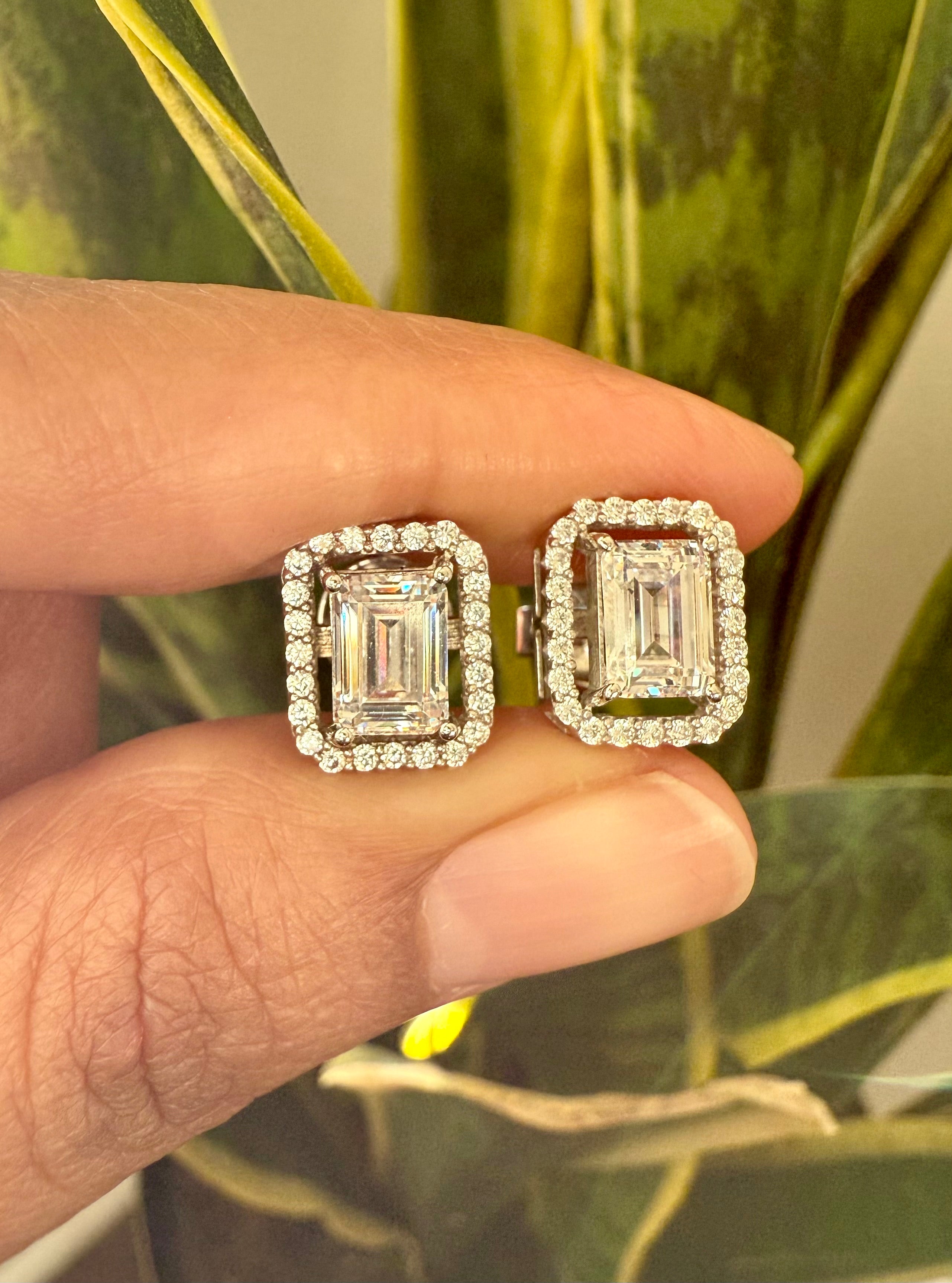 Premium Range 2 Carat Gold finish Emerald Cut TIA Solitaire Studs with Screw Backs on pure 925 Silver