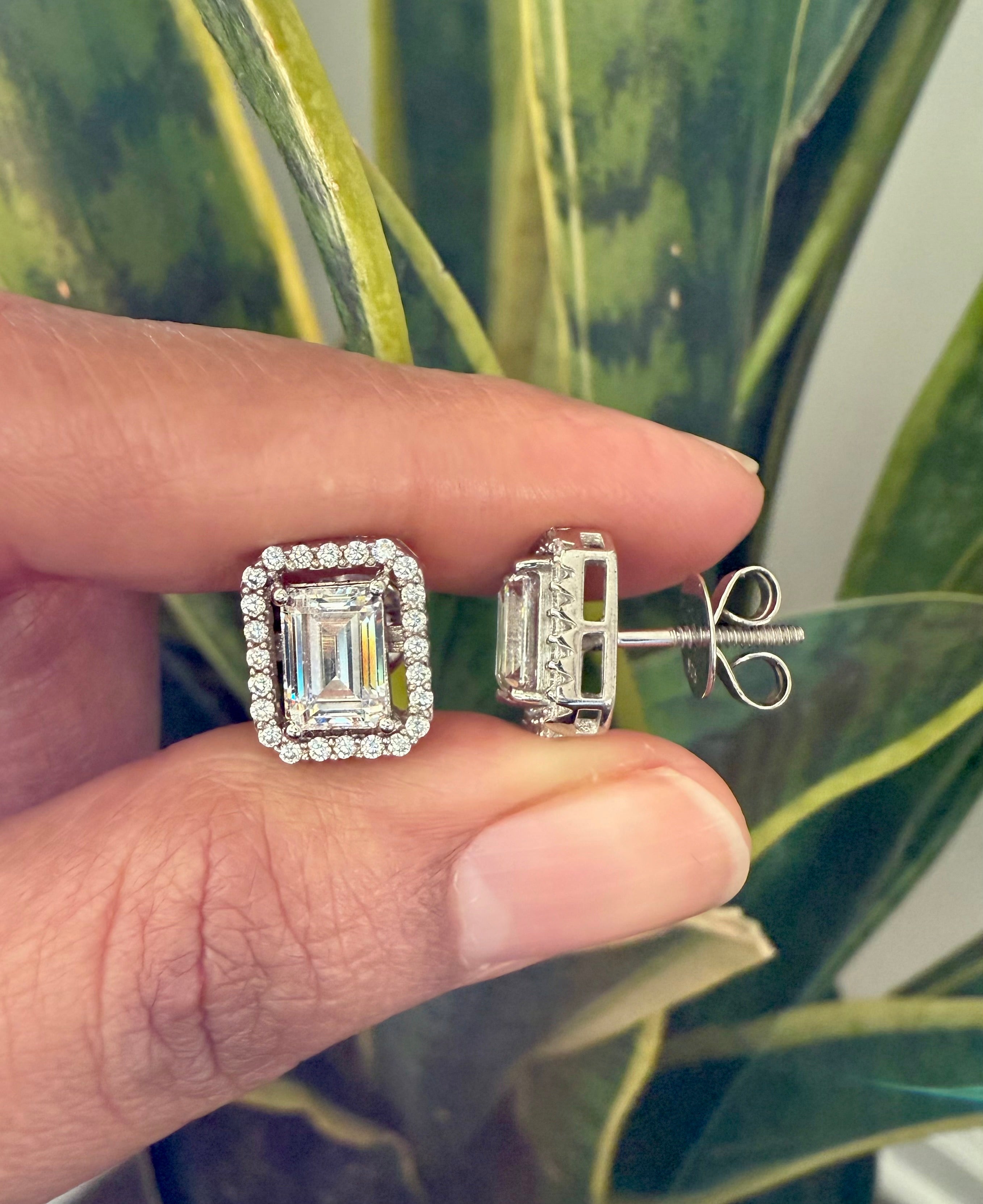 Premium Range 2 Carat Emerald Cut TIA Solitaire Studs with Screw Backs on pure 925 Silver
