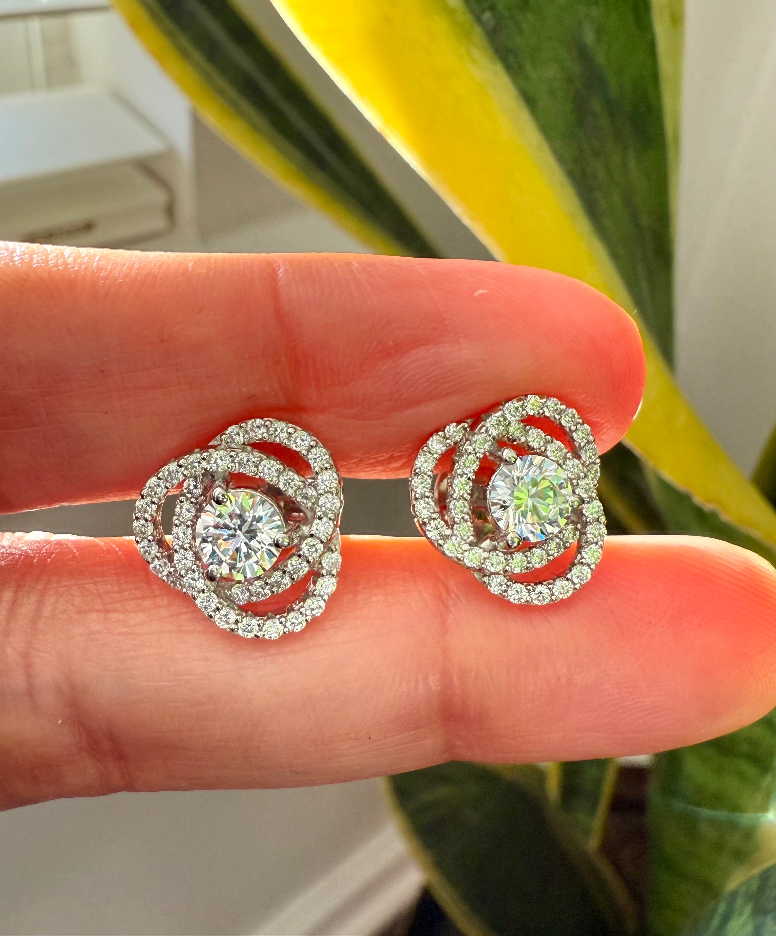 White Gold Finish Intertwined Cluster VIVI Solitaire Studs with Premium Screw Backs