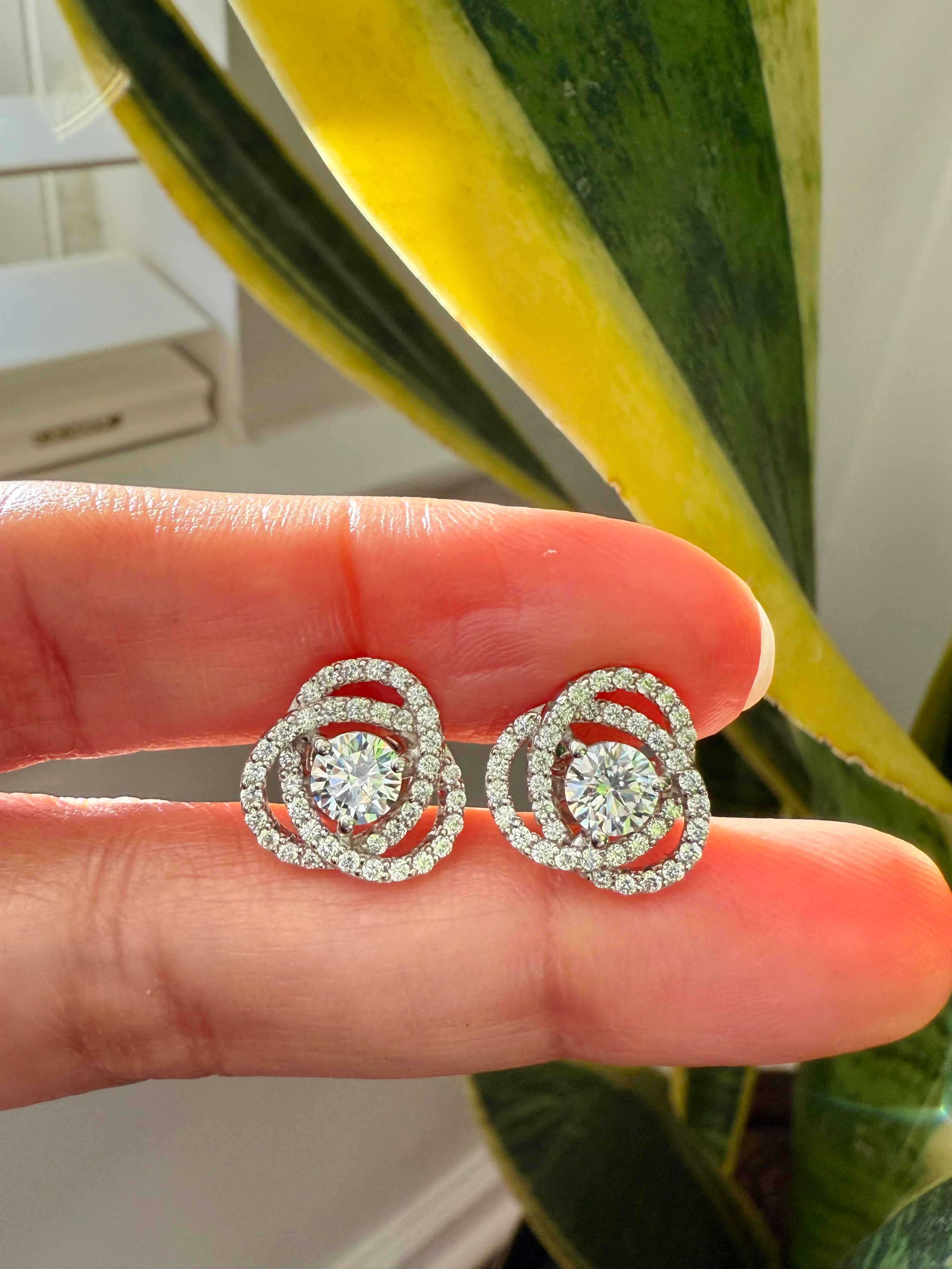 White Gold Finish Intertwined Cluster VIVI Solitaire Studs with Premium Screw Backs