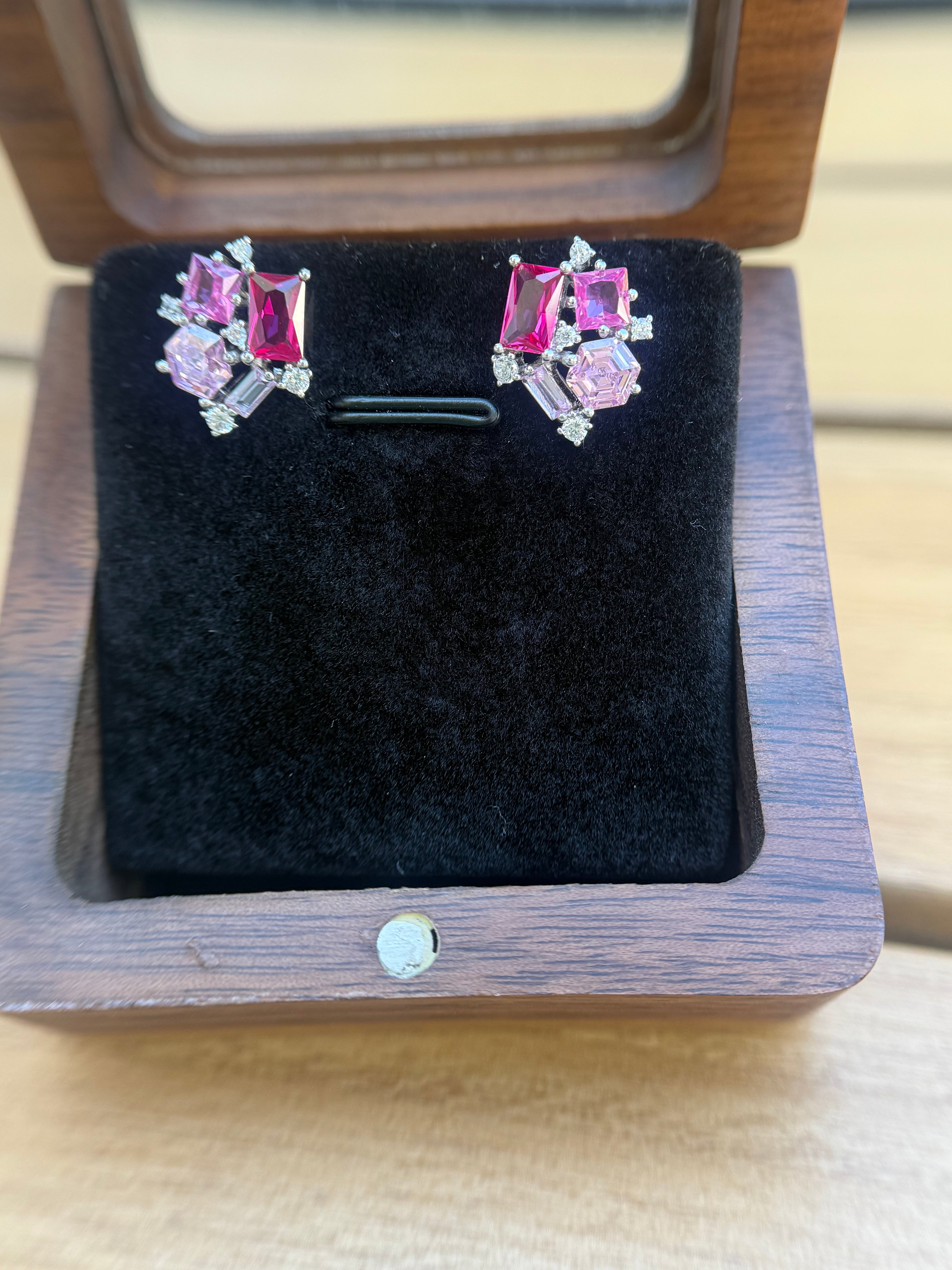 Premium Multi Shape Diamond White Gold Finish Pink Giva Stud Earrings on Pure 925 Silver