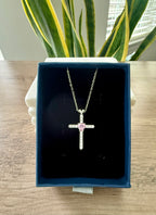 Diamond Studded GRACE Cross Pendant with Pink Heart Sapphire Solitaire on Pure 925 Silver