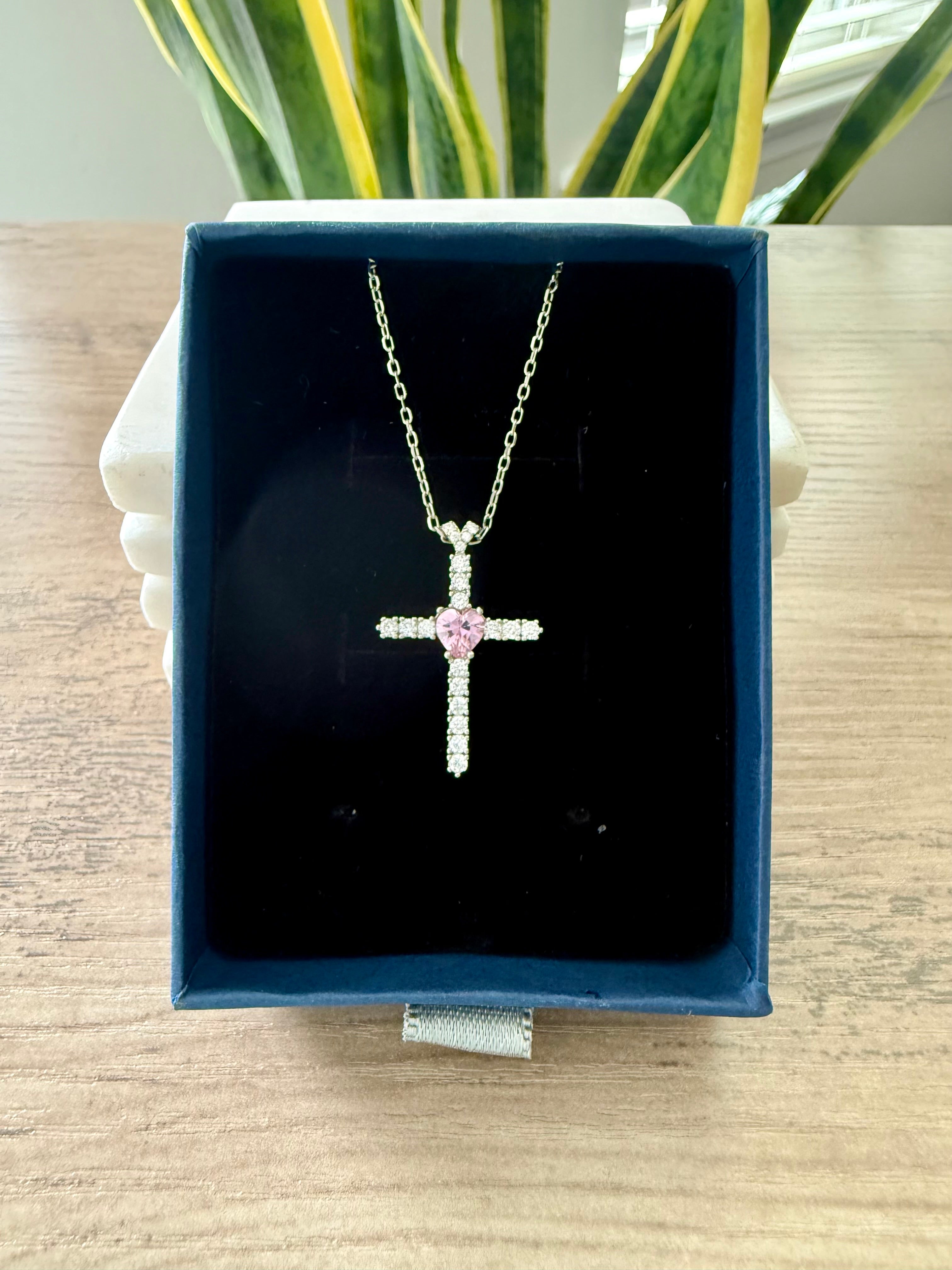 Diamond Studded GRACE Cross Pendant with Pink Heart Sapphire Solitaire on Pure 925 Silver