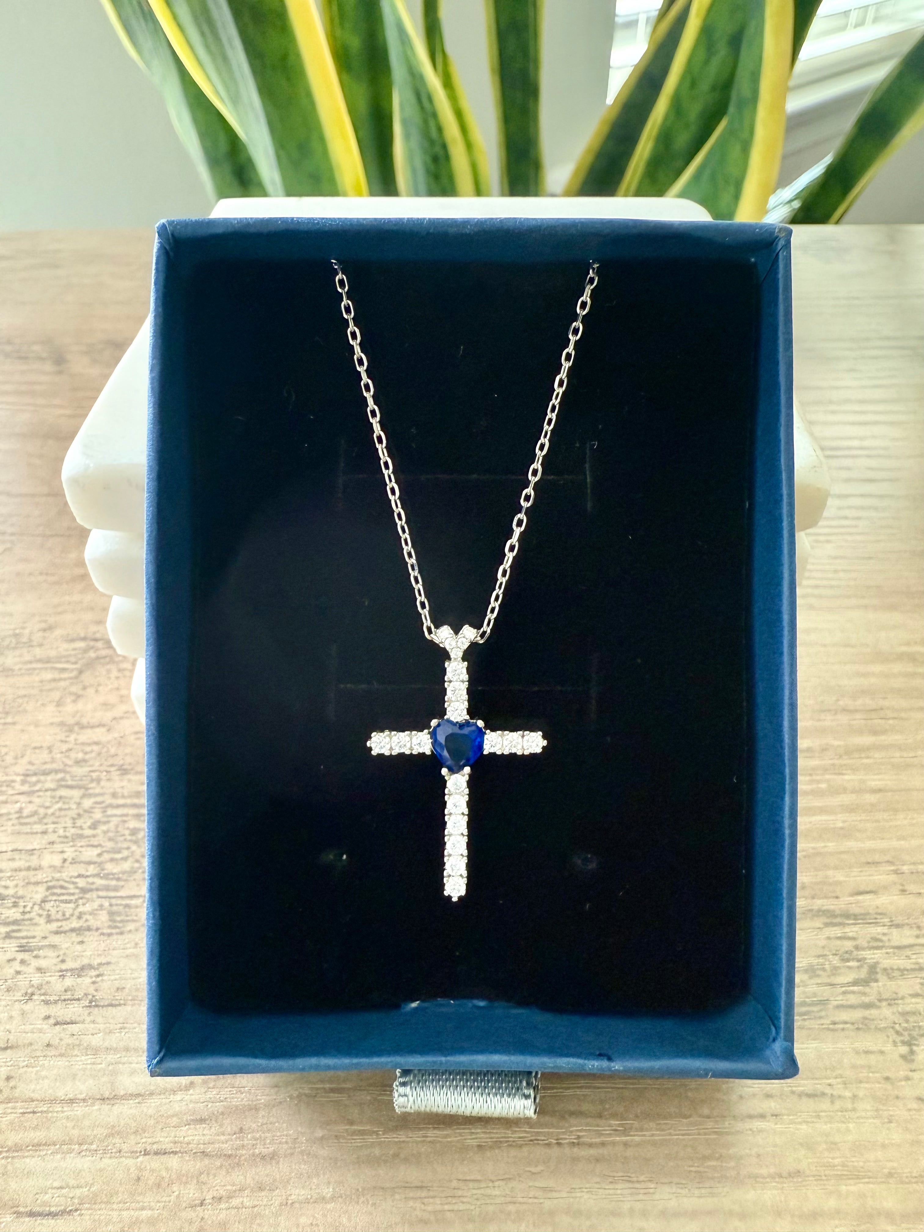 Diamond Studded GRACE Cross Pendant with Blue Heart Sapphire Solitaire on Pure 925 Silver