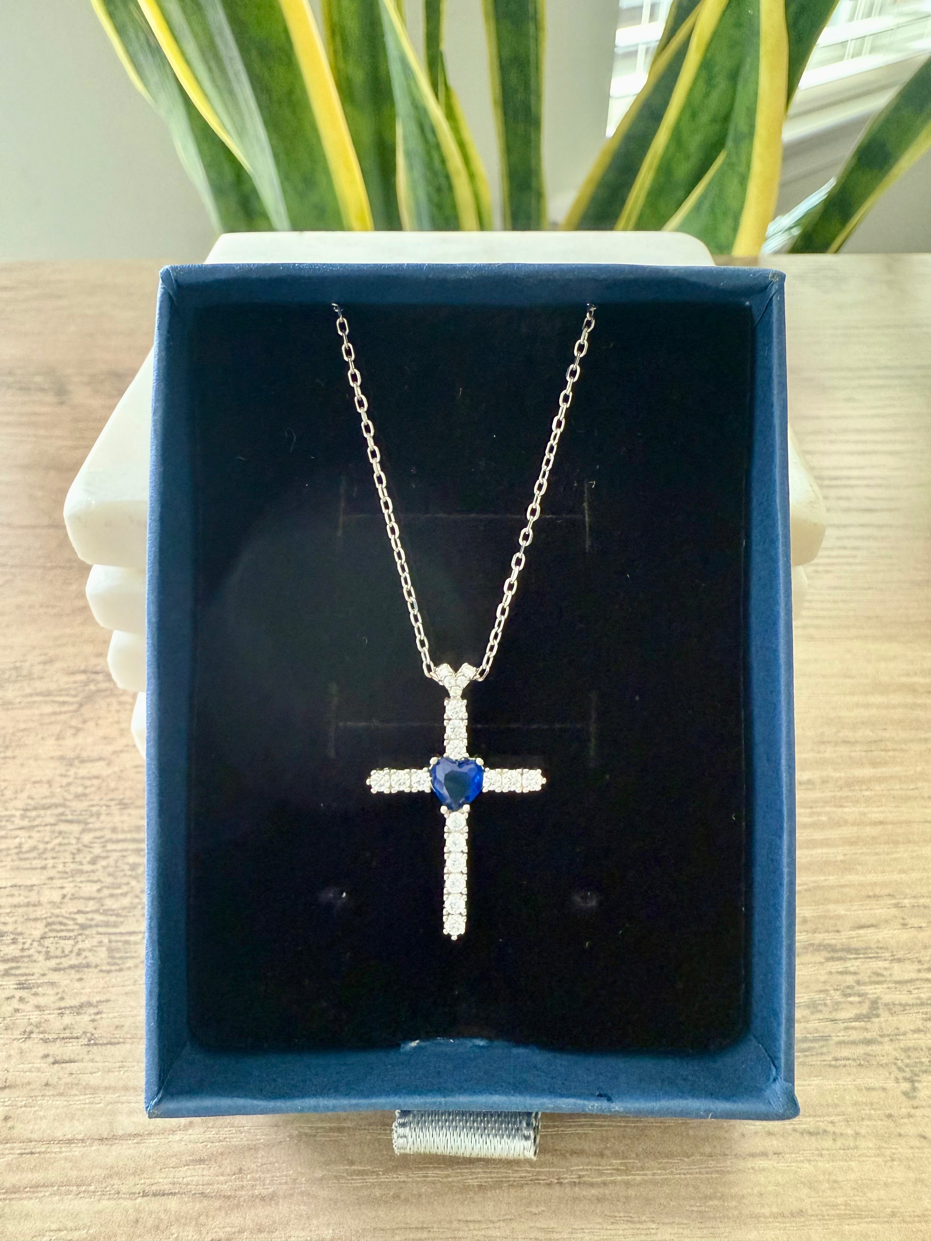 Diamond Studded GRACE Cross Pendant with Blue Heart Sapphire Solitaire on Pure 925 Silver