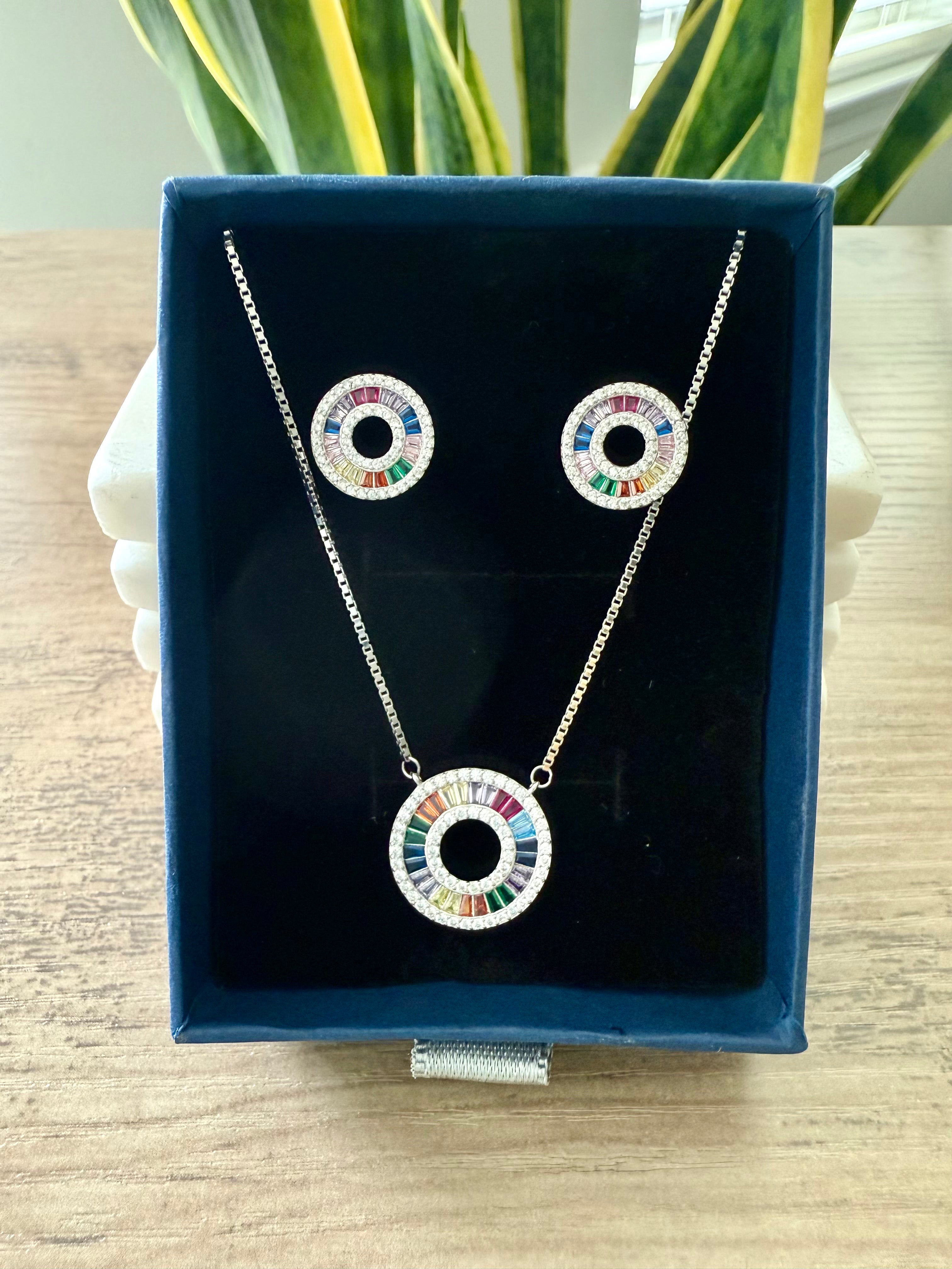 Premium White Gold Finish SEREL Round Rainbow Pendant Set on Pure 925 Silver