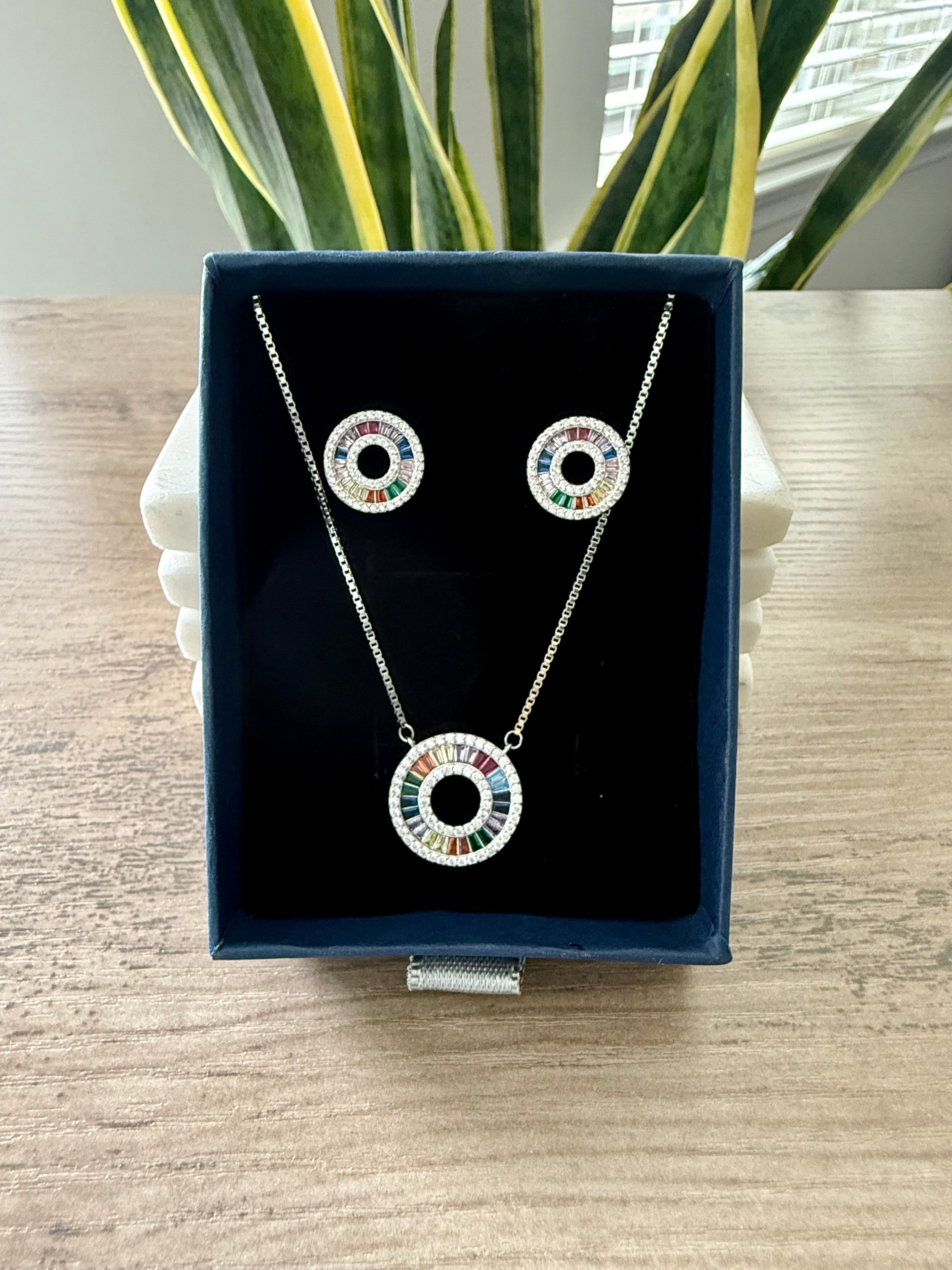 Premium White Gold Finish SEREL Round Rainbow Pendant Set on Pure 925 Silver