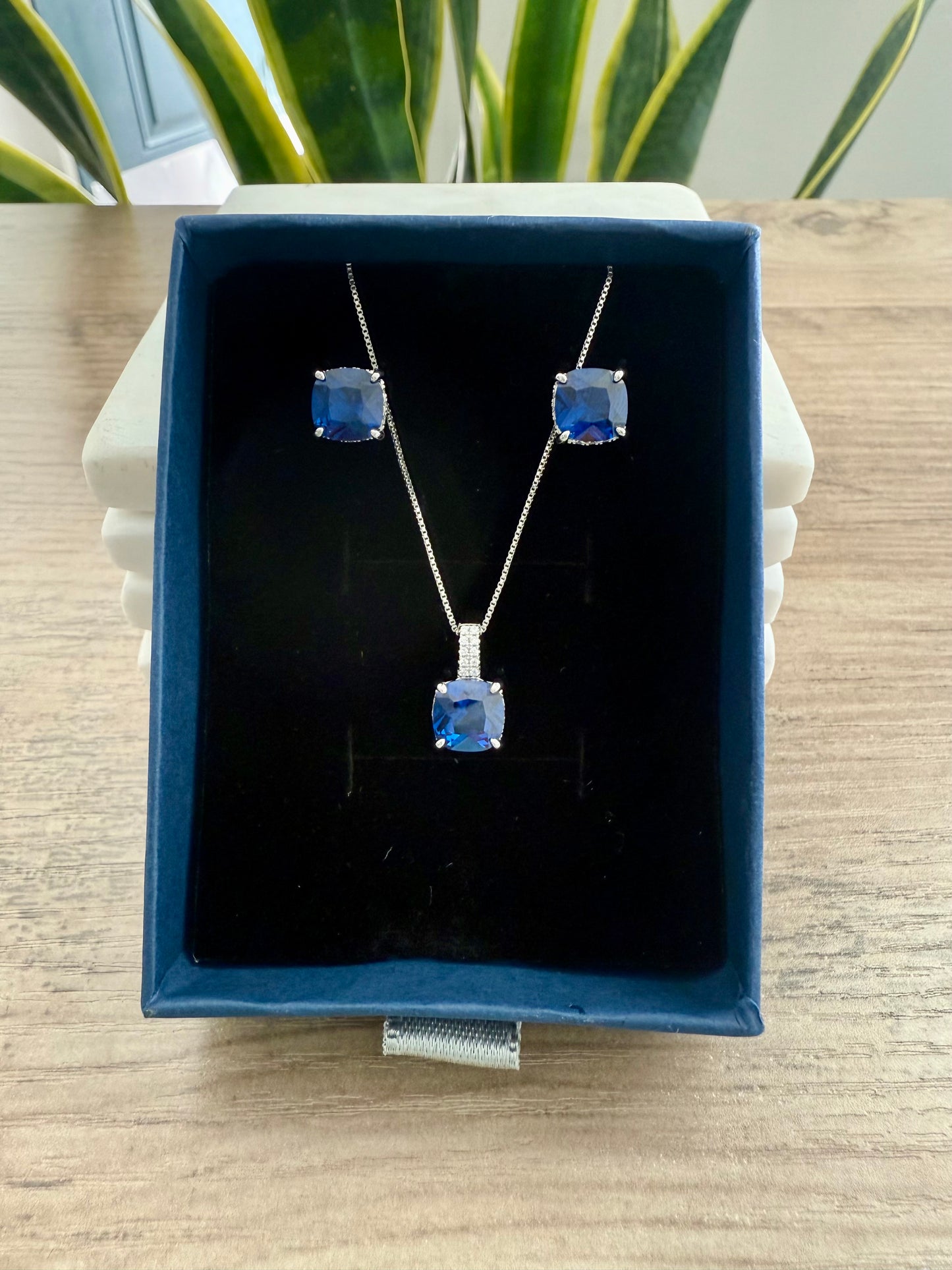 Ultra Premium LUNA Deep Blue Cushion Cut Solitaire Pendant Set on Pure 925 Silver