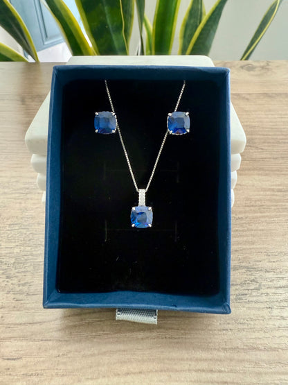 Ultra Premium LUNA Deep Blue Cushion Cut Solitaire Pendant Set on Pure 925 Silver