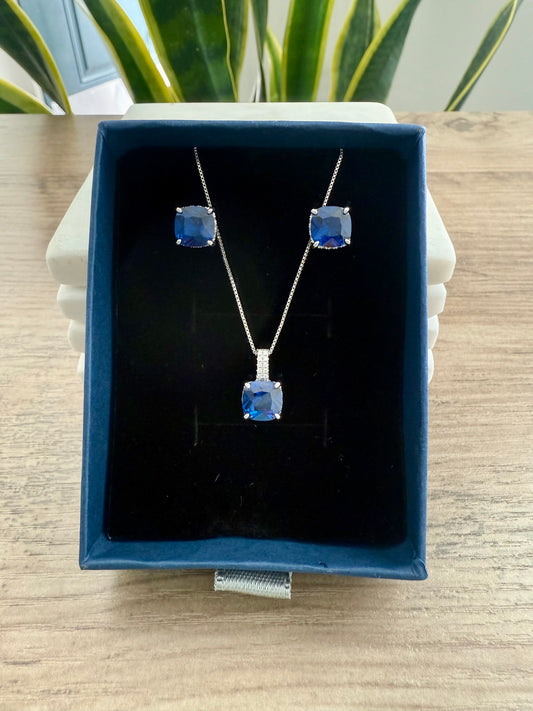 Ultra Premium LUNA Deep Blue Cushion Cut Solitaire Pendant Set on Pure 925 Silver