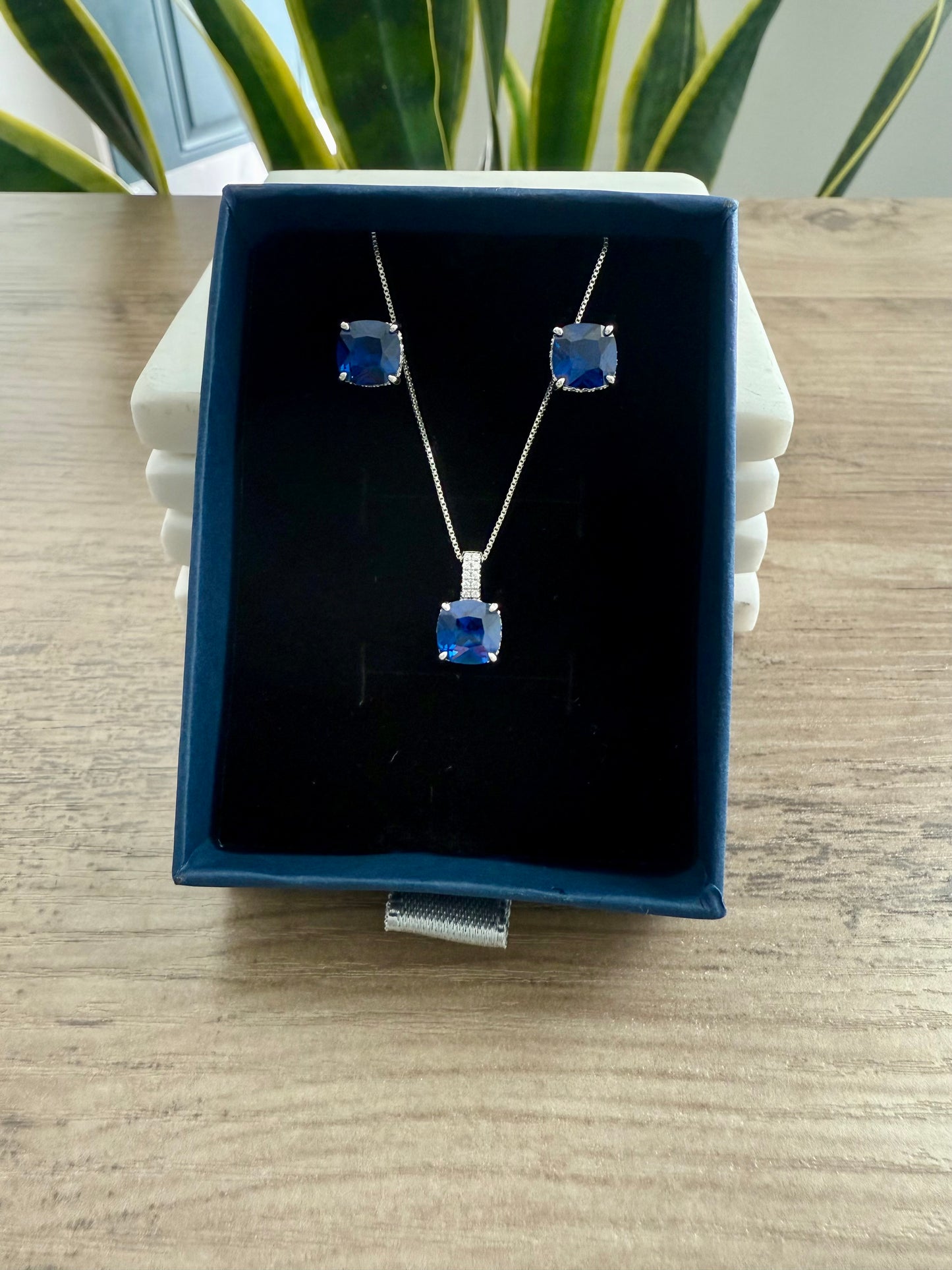Ultra Premium LUNA Deep Blue Cushion Cut Solitaire Pendant Set on Pure 925 Silver