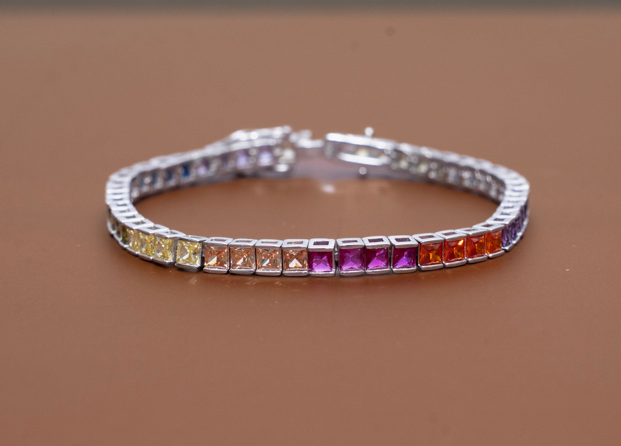 Celon Premium White Gold Finish Classic Multicolored Solitaire Tennis Bracelet on Pure 925 Silver