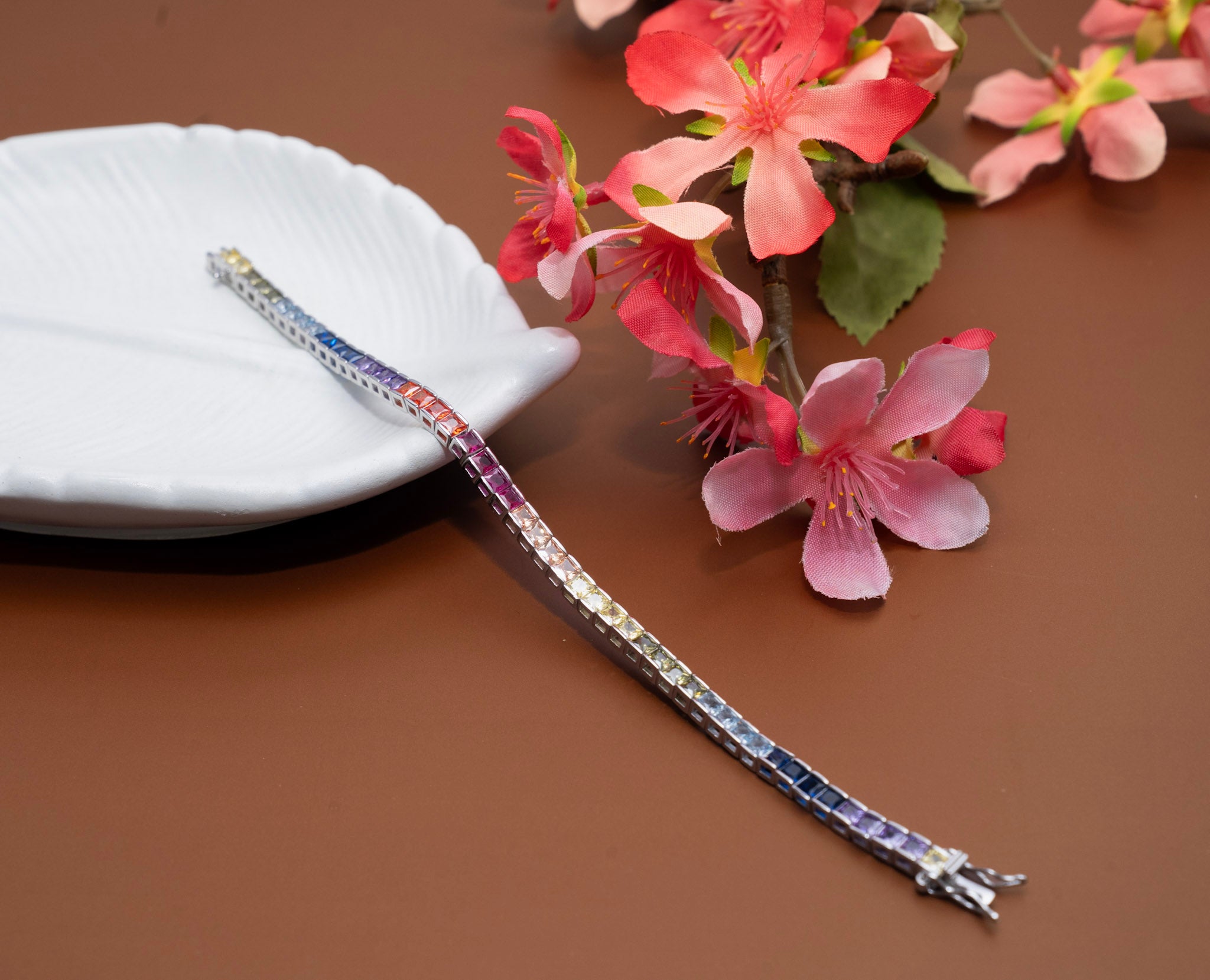 Celon Premium White Gold Finish Classic Multicolored Solitaire Tennis Bracelet on Pure 925 Silver