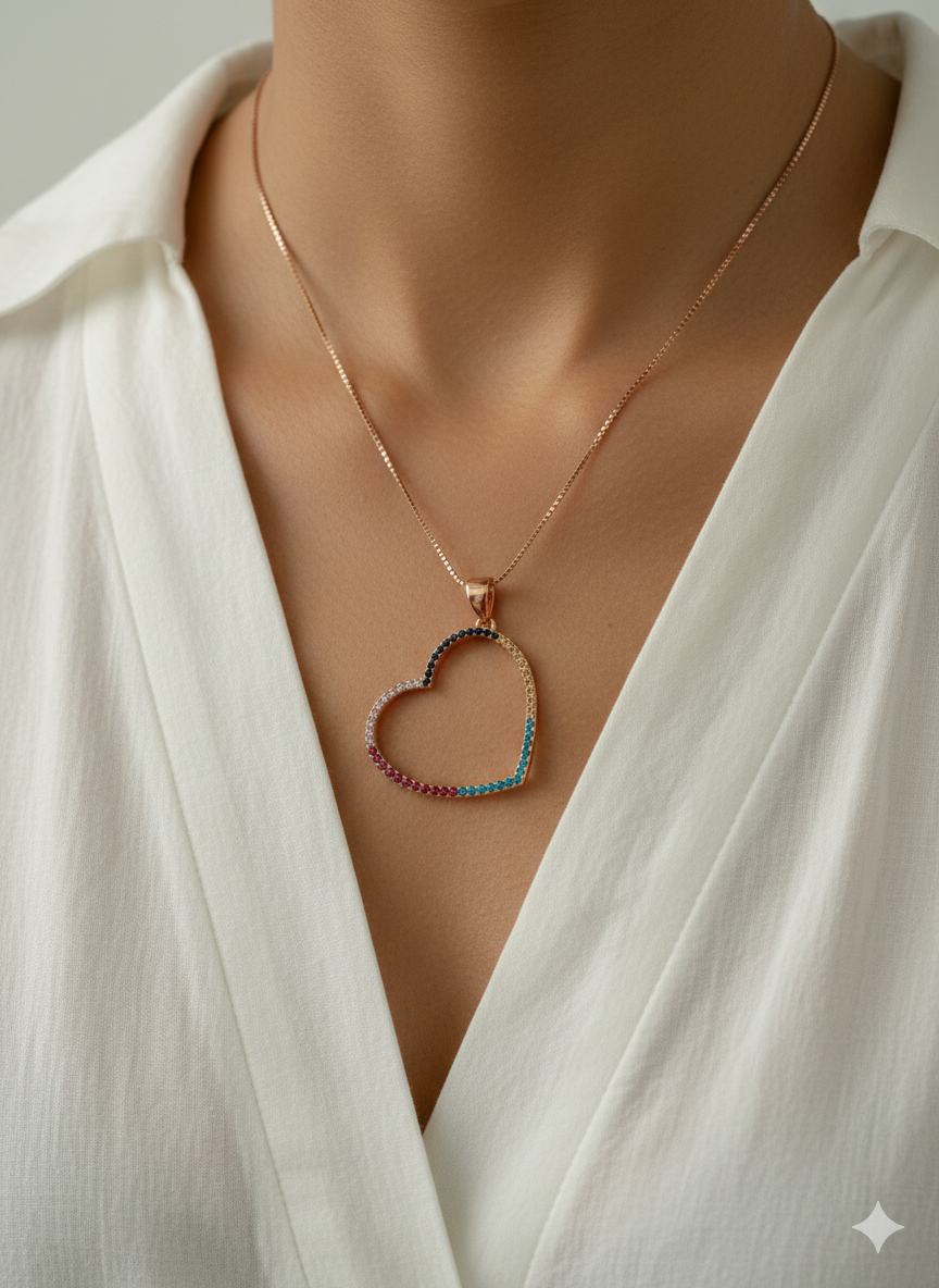 Multicolored Big Heart Rose Gold Charlie Pendant on pure 925 Silver