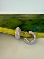 Premium Micro Setting American Diamond and Pearl TIARA Huggie Hoops on Pure 925 Silver