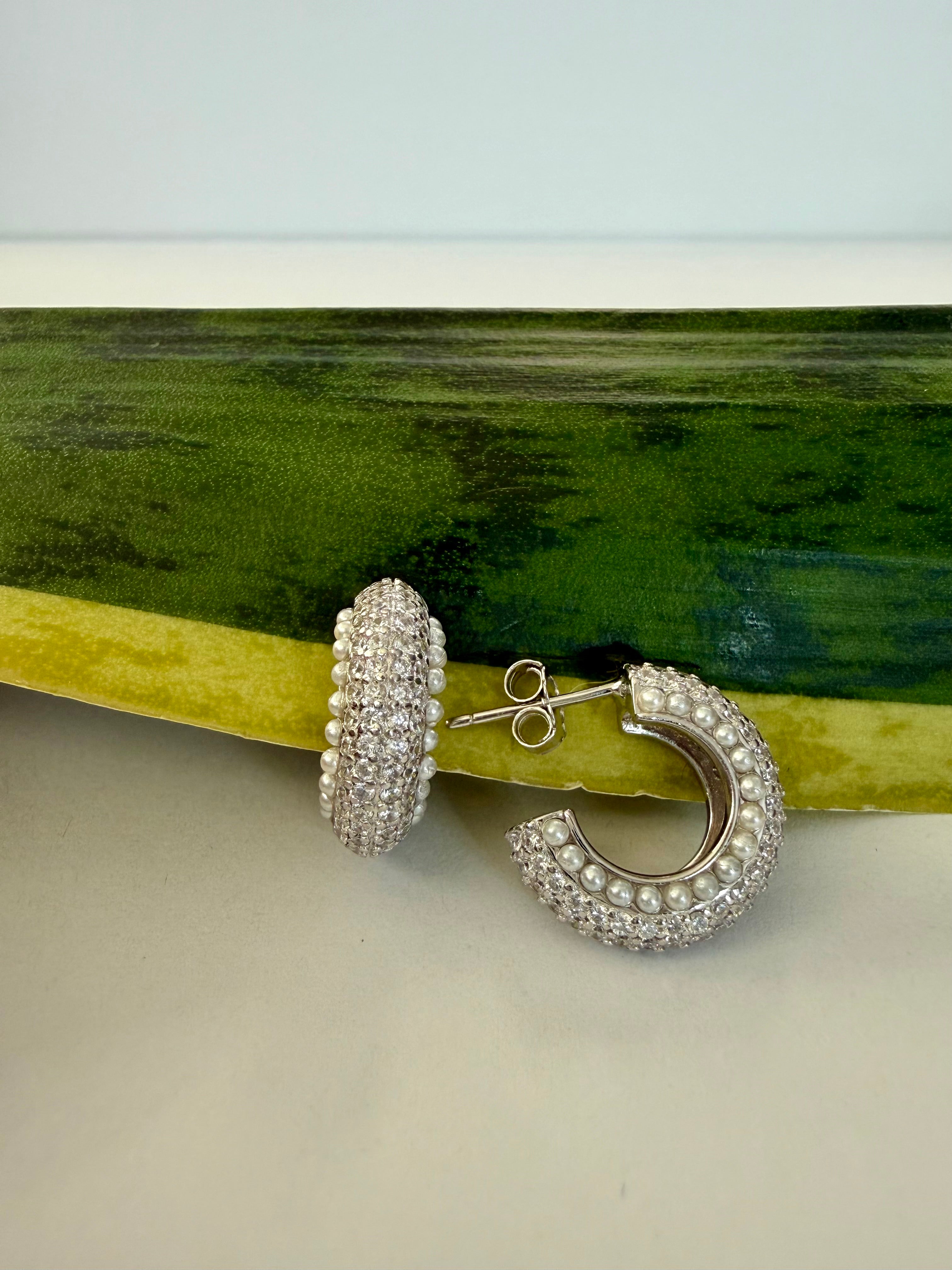Premium Micro Setting American Diamond and Pearl TIARA Huggie Hoops on Pure 925 Silver
