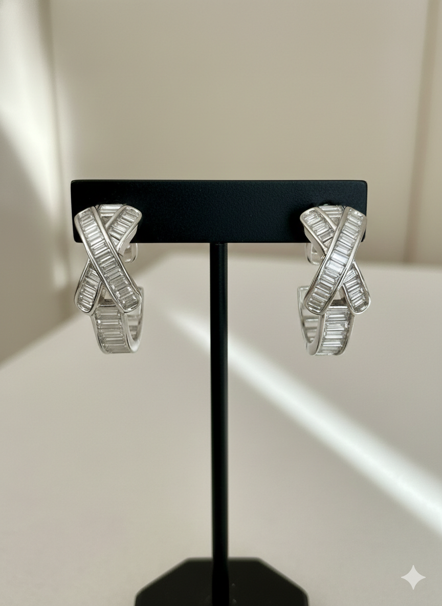 Premium American Diamond Baguette Studded Classic CARA Hoops on Pure 925 Silver