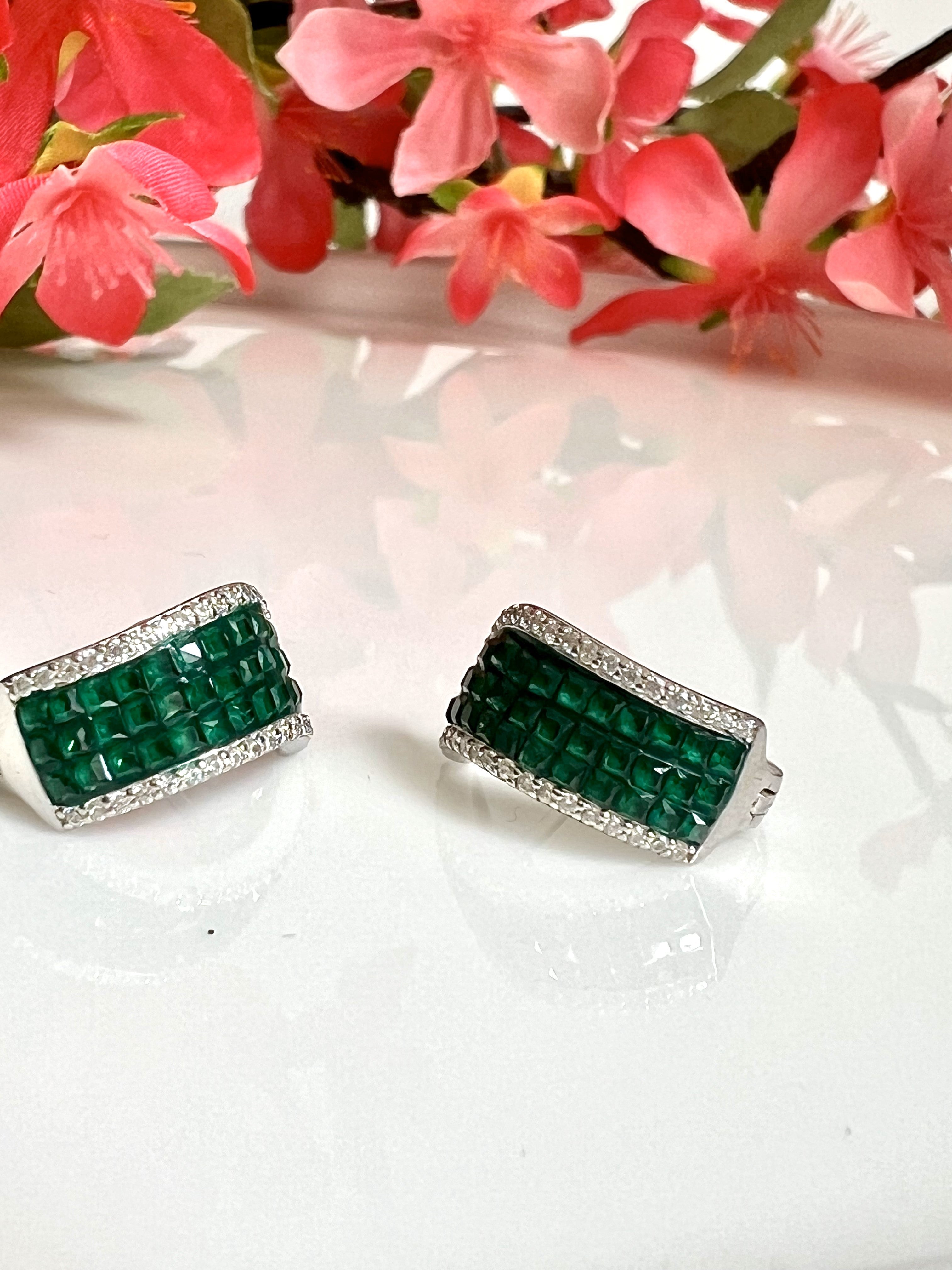 Green stones and Diamond Hoops on pure 925 Silver