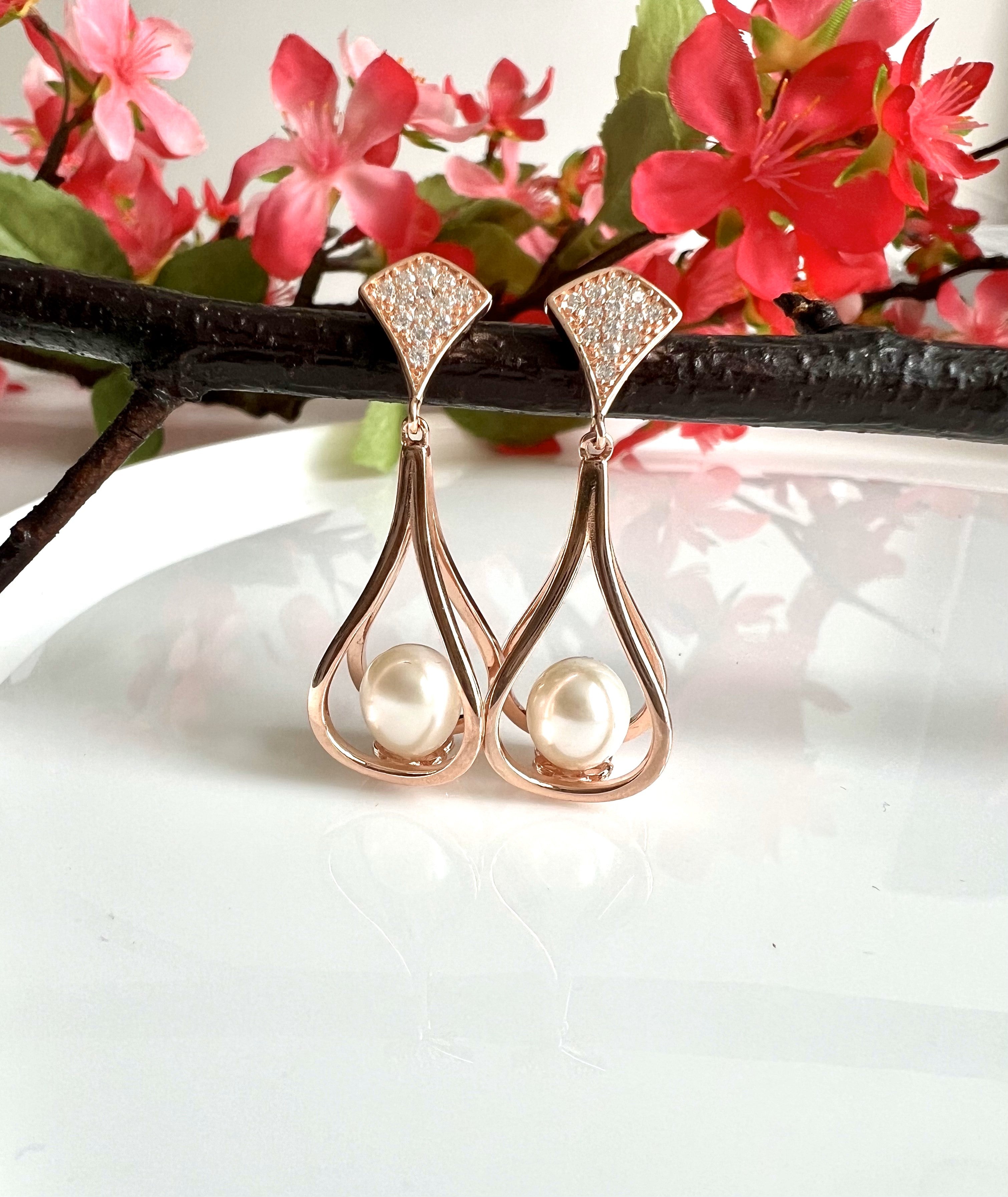 Rose Gold Finish Pearl Pavilion Danglers on pure 925 Silver