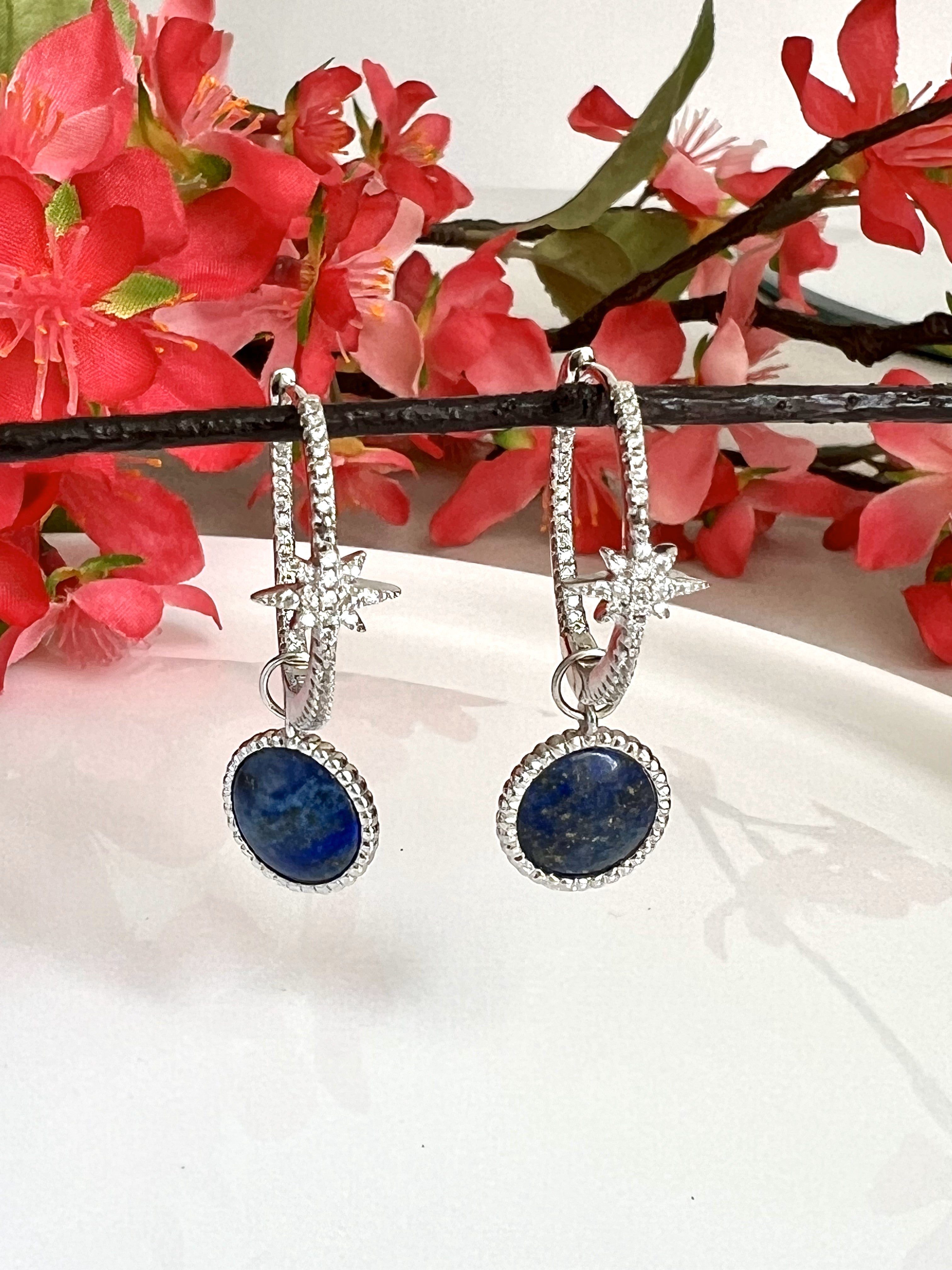 Blue stone Hoops on pure 925 Silver