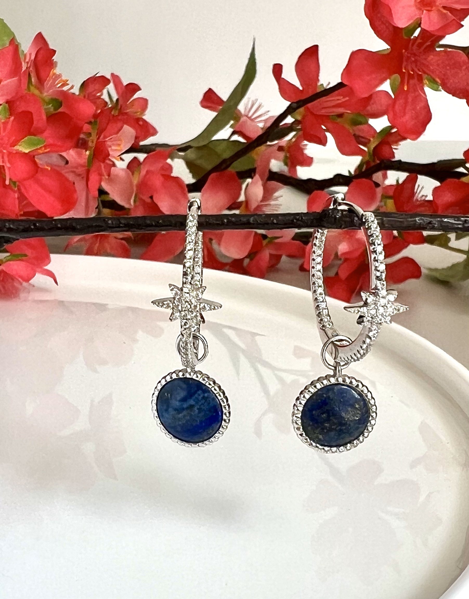 Blue stone Hoops on pure 925 Silver