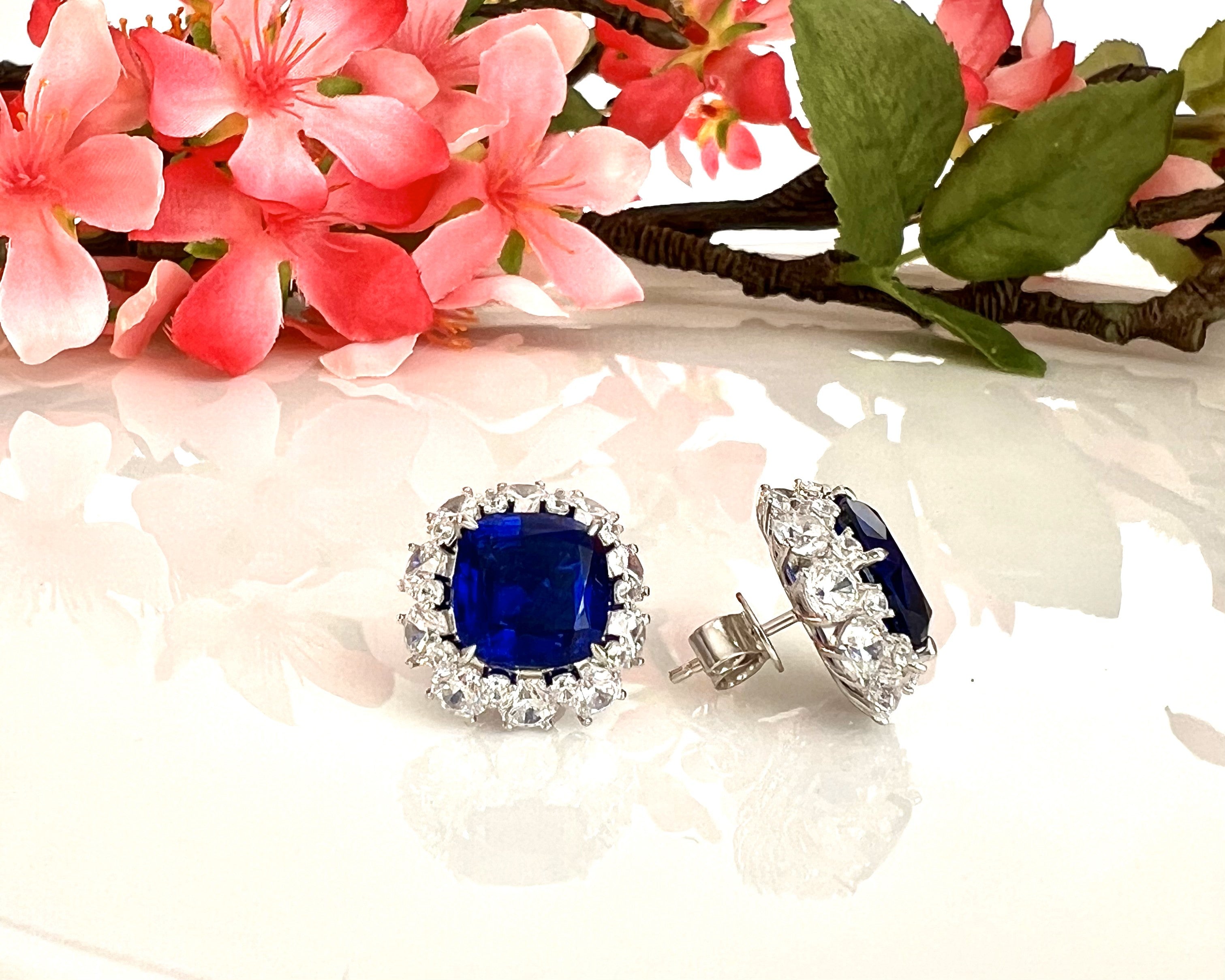 ZYRA Premium Blue Sapphire and Diamond Cluster Studs on Pure 925 Silver
