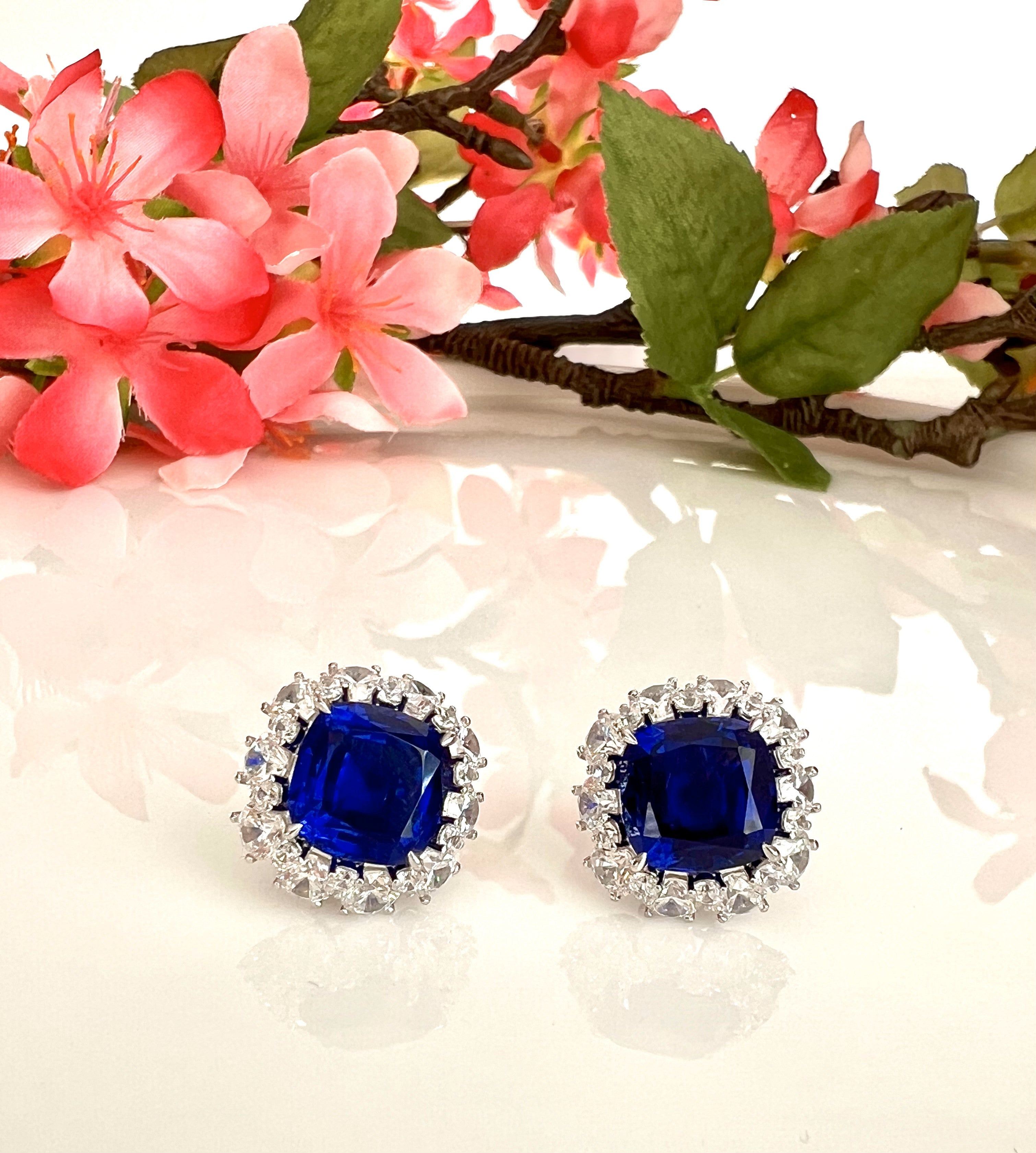 ZYRA Premium Blue Sapphire and Diamond Cluster Studs on Pure 925 Silver