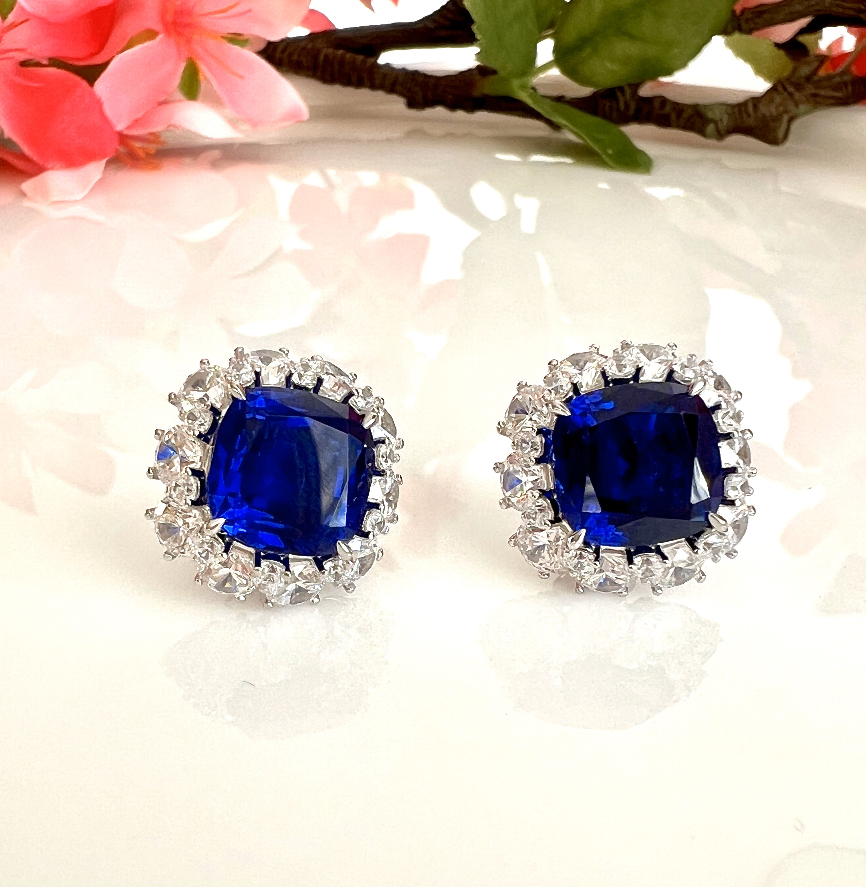 ZYRA Premium Blue Sapphire and Diamond Cluster Studs on Pure 925 Silver