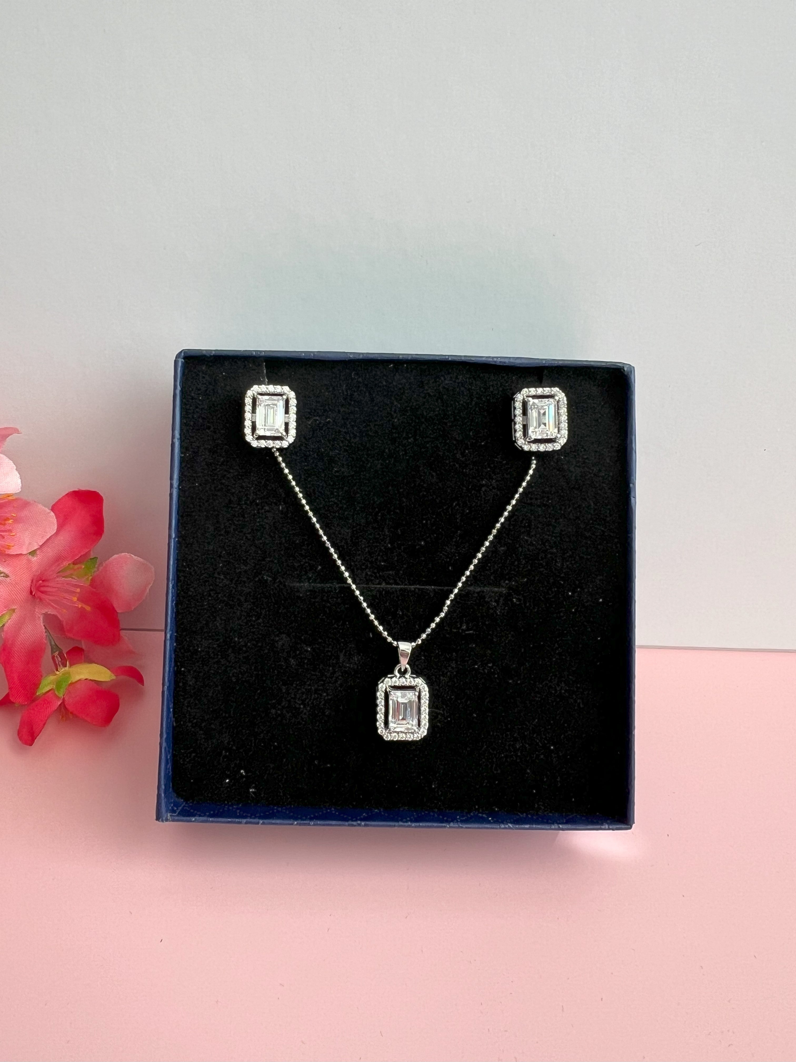 Premium Emerald Cut Solitaire Pendant Set with Premium Screw Back Studs on pure 925 Silver