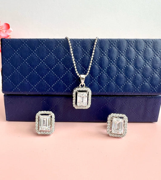 Premium Emerald Cut Solitaire Pendant Set with Premium Screw Back Studs
