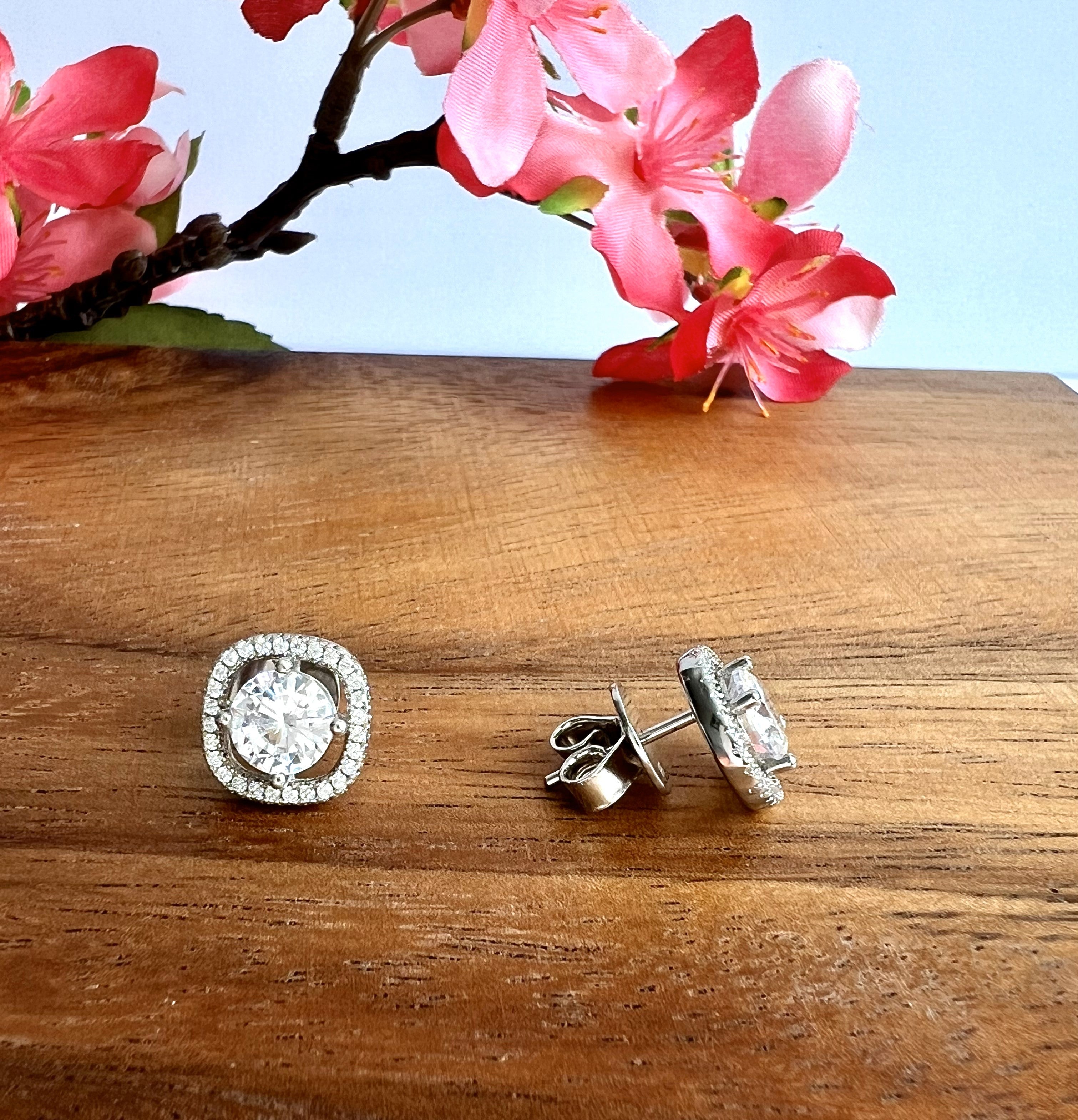Celery Square Halo 1.3 Carat Premium Solitaire Studs on pure 925 Silver