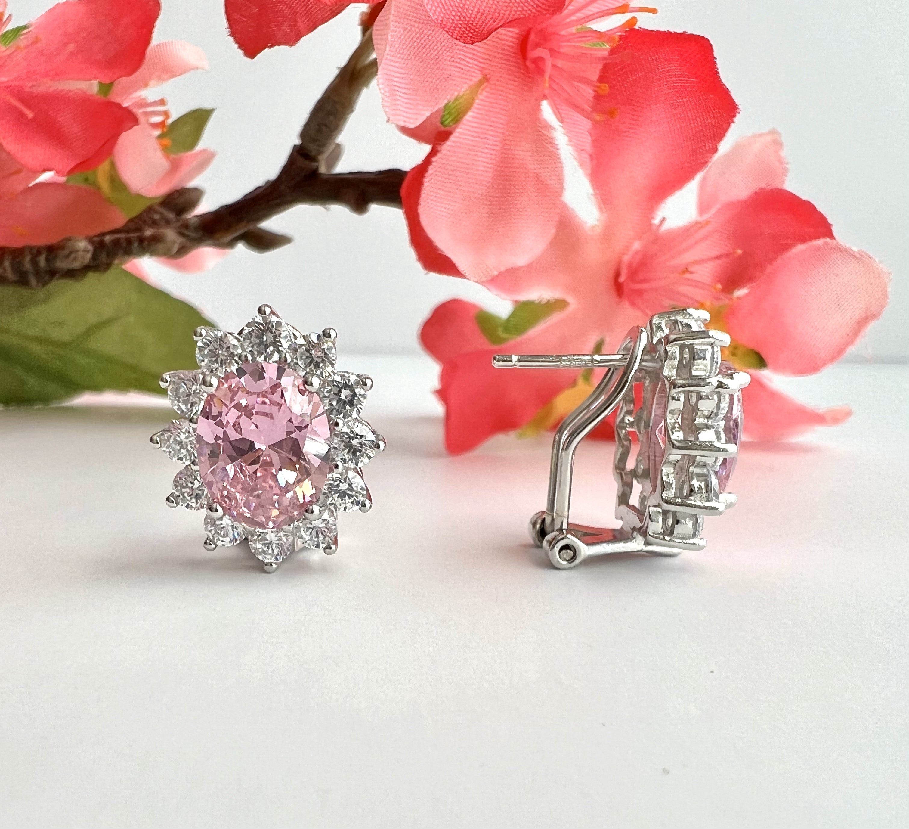 Pink Oval REINA Diamond with Round Cut Diamond Cluster Studs on pure 925 Silver
