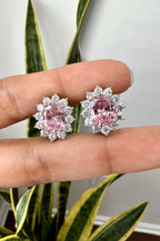 Pink Oval REINA Diamond with Round Cut Diamond Cluster Studs on pure 925 Silver