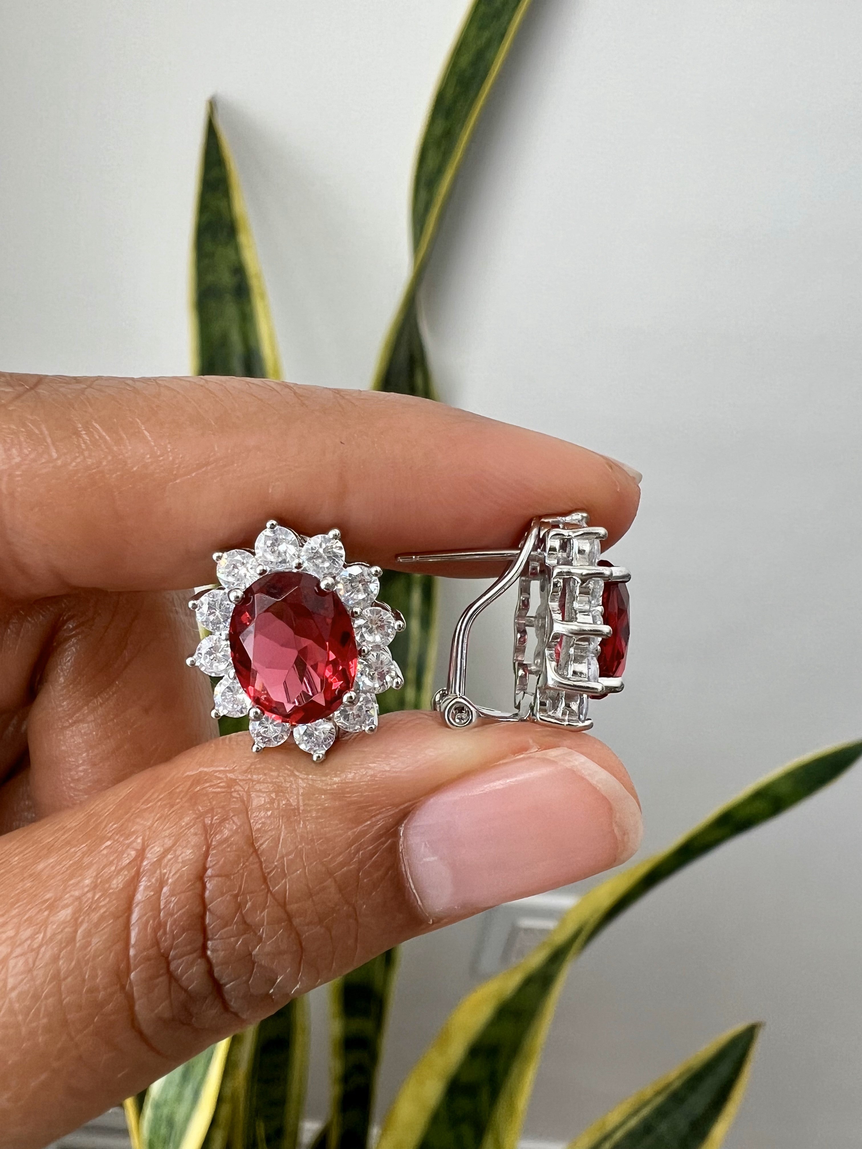 REINA Ruby Oval Solitaire with Round Cut Diamond Cluster Studs on pure 925 Silver