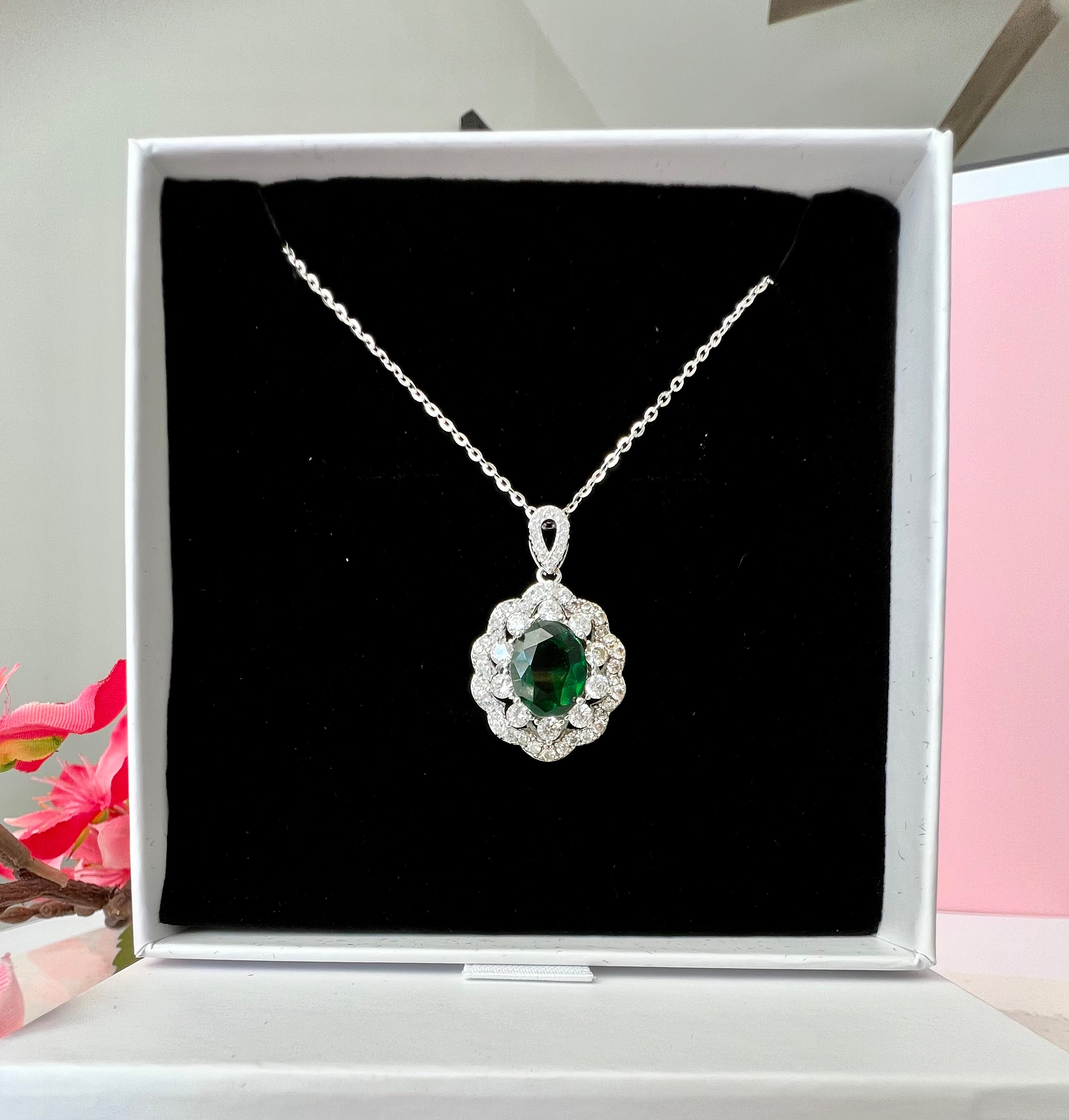 Premium Emerald and Diamond Cluster Flory Pendant with Chain on Pure 925 Silver
