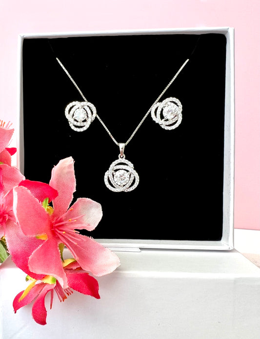 White Gold Finish Intertwined Cluster Solitaire Pendant Set