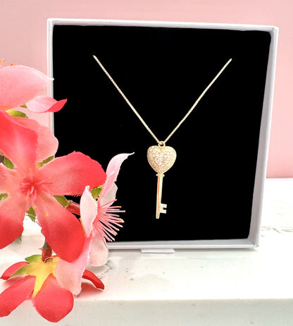Gold Finish Big Diamond Studded Key to my Heart Pendant with Chain