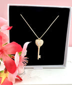 Gold Finish Big Diamond Studded Key to my Heart Pendant with Chain on pure 925 Silver