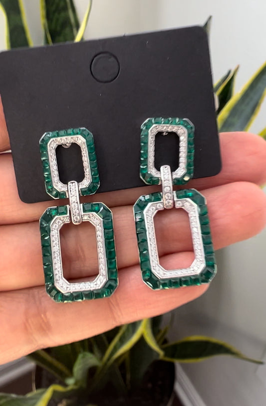 Baguette Diamond & Emerald Long Earrings