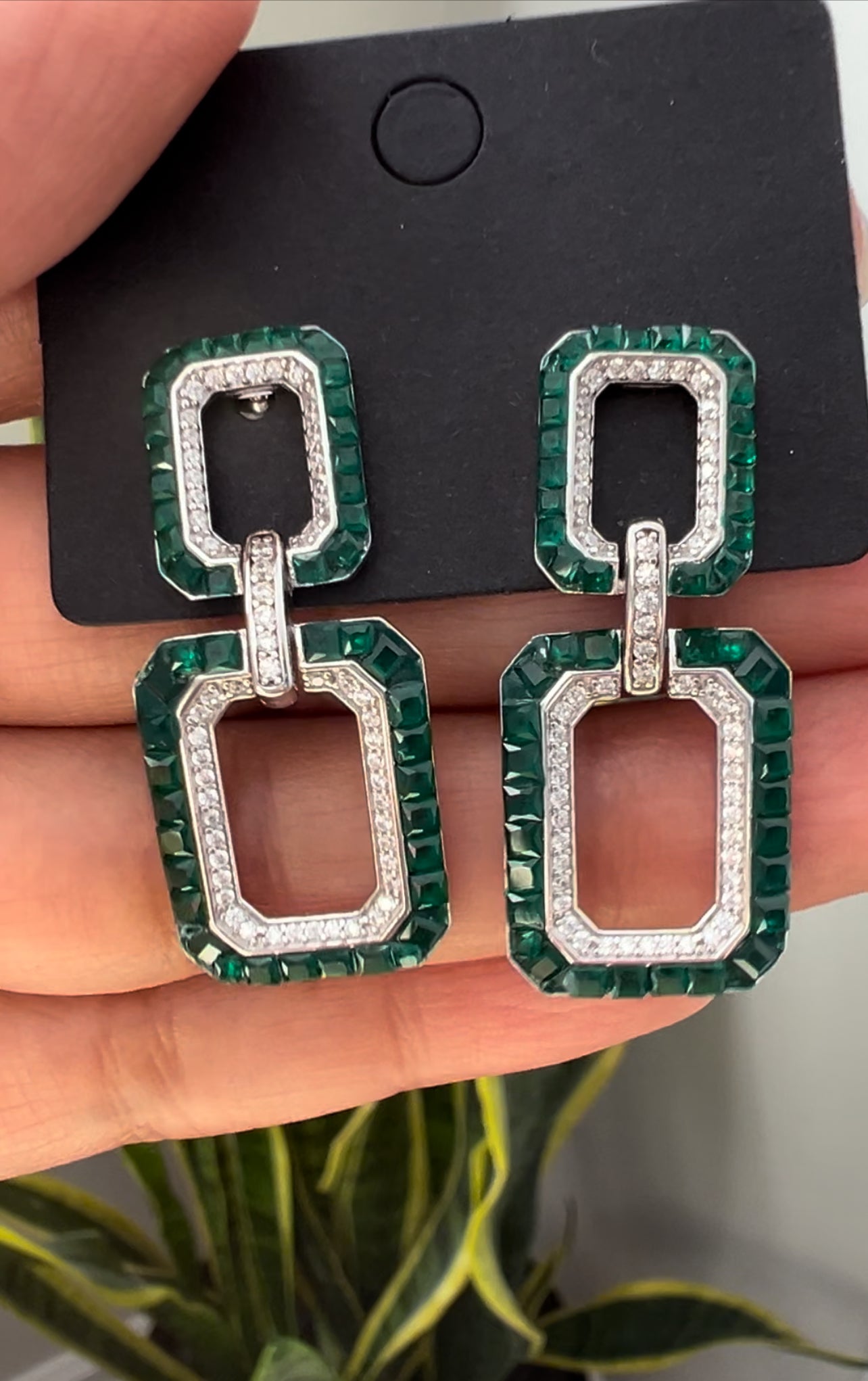 LINEA Baguette Diamond & Emerald Long Earrings on pure 925 Silver