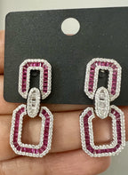 Baguette Diamond with Ruby Long Earrings on Pure 925 Silver